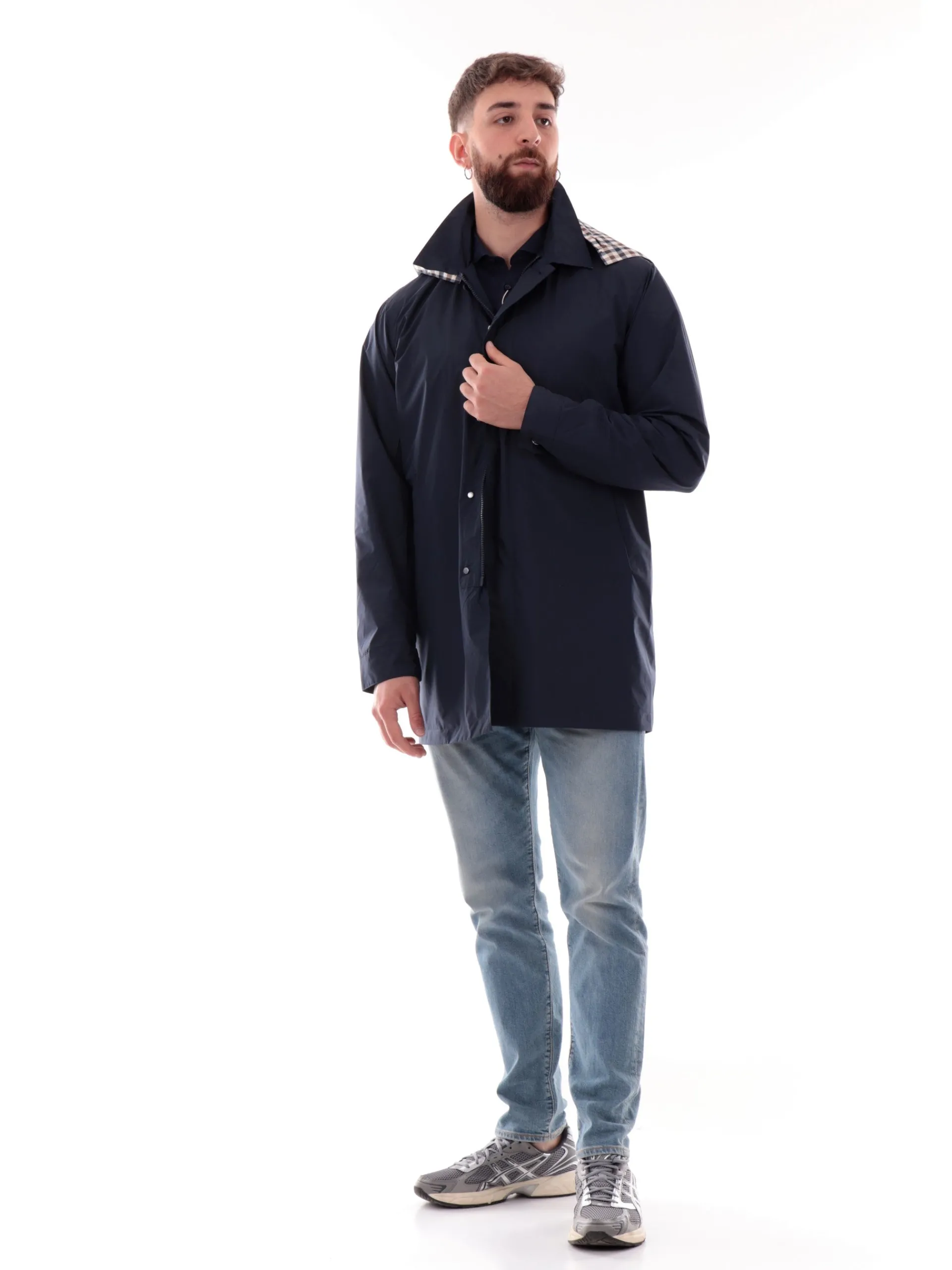 AQUASCUTUM Cappotti*Cappotto primaverile blu da uomo trench con cappuccio removibile AAB005JK014
