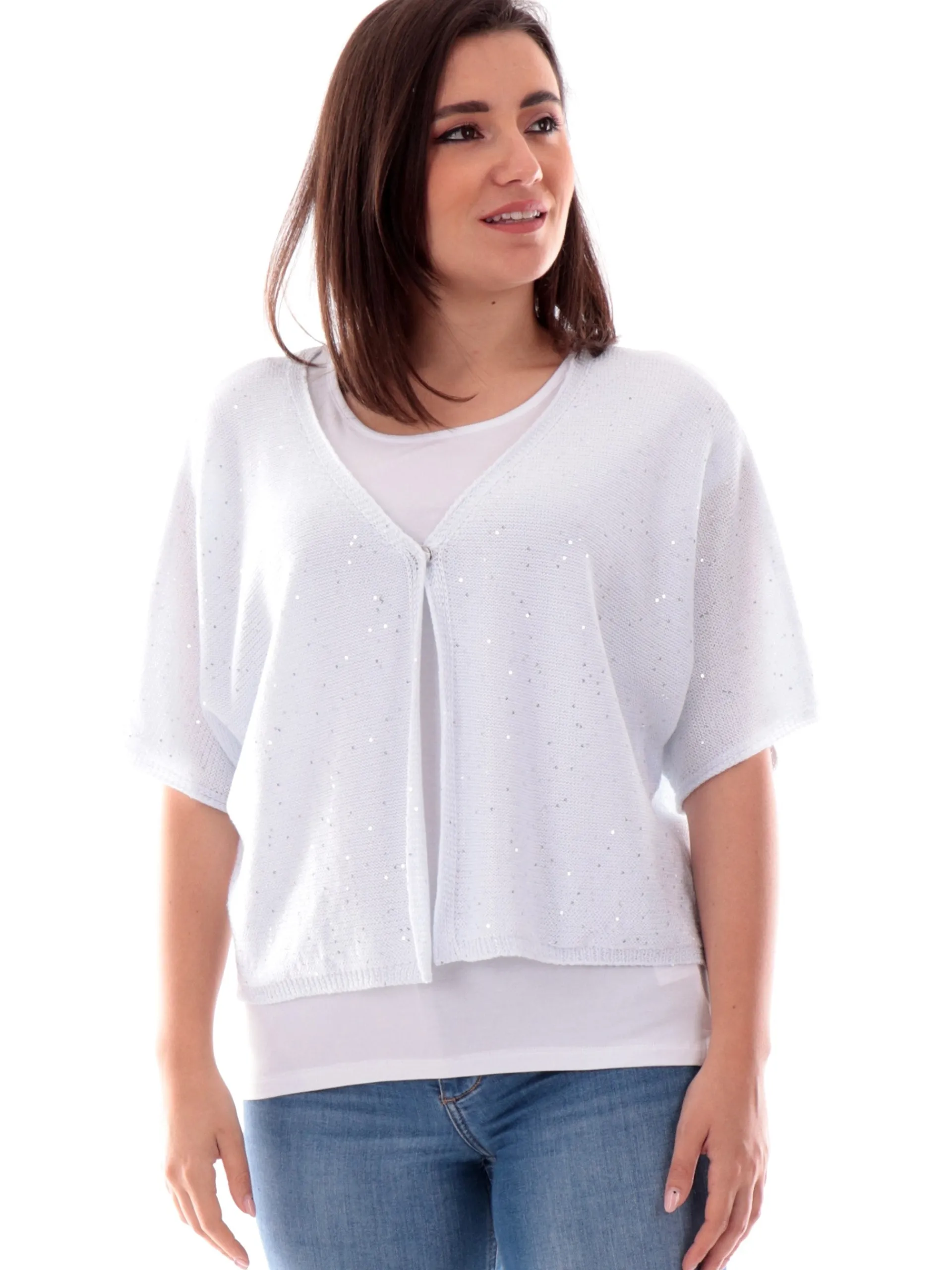 ANIS Maglie*Cardigan bianco scollo a V da donna con paillettes 251W1231