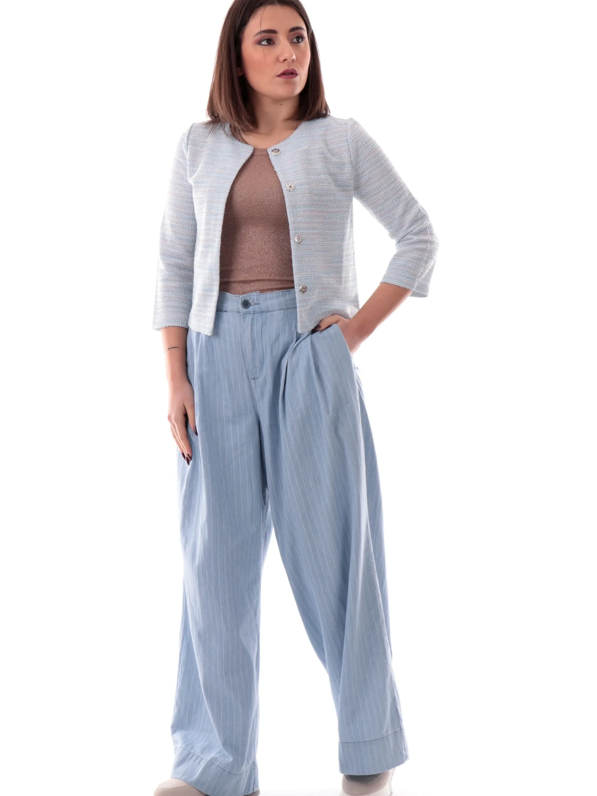 ANIS Giacche*Cardigan celeste lurex da donna maniche tre quarti 251W1331