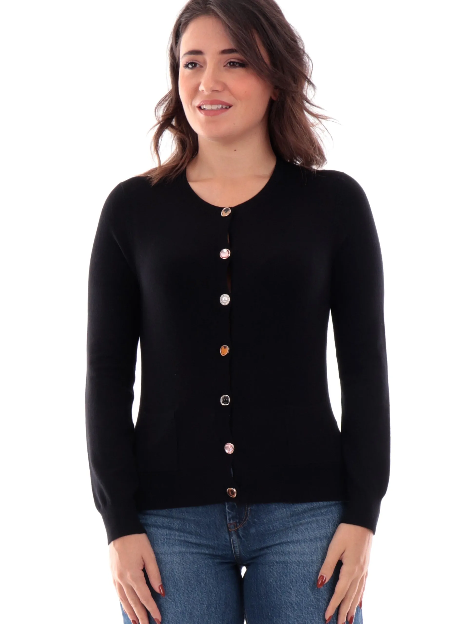 ANIS Maglie*Cardigan nero da donna con bottoni gioiello 245W6022