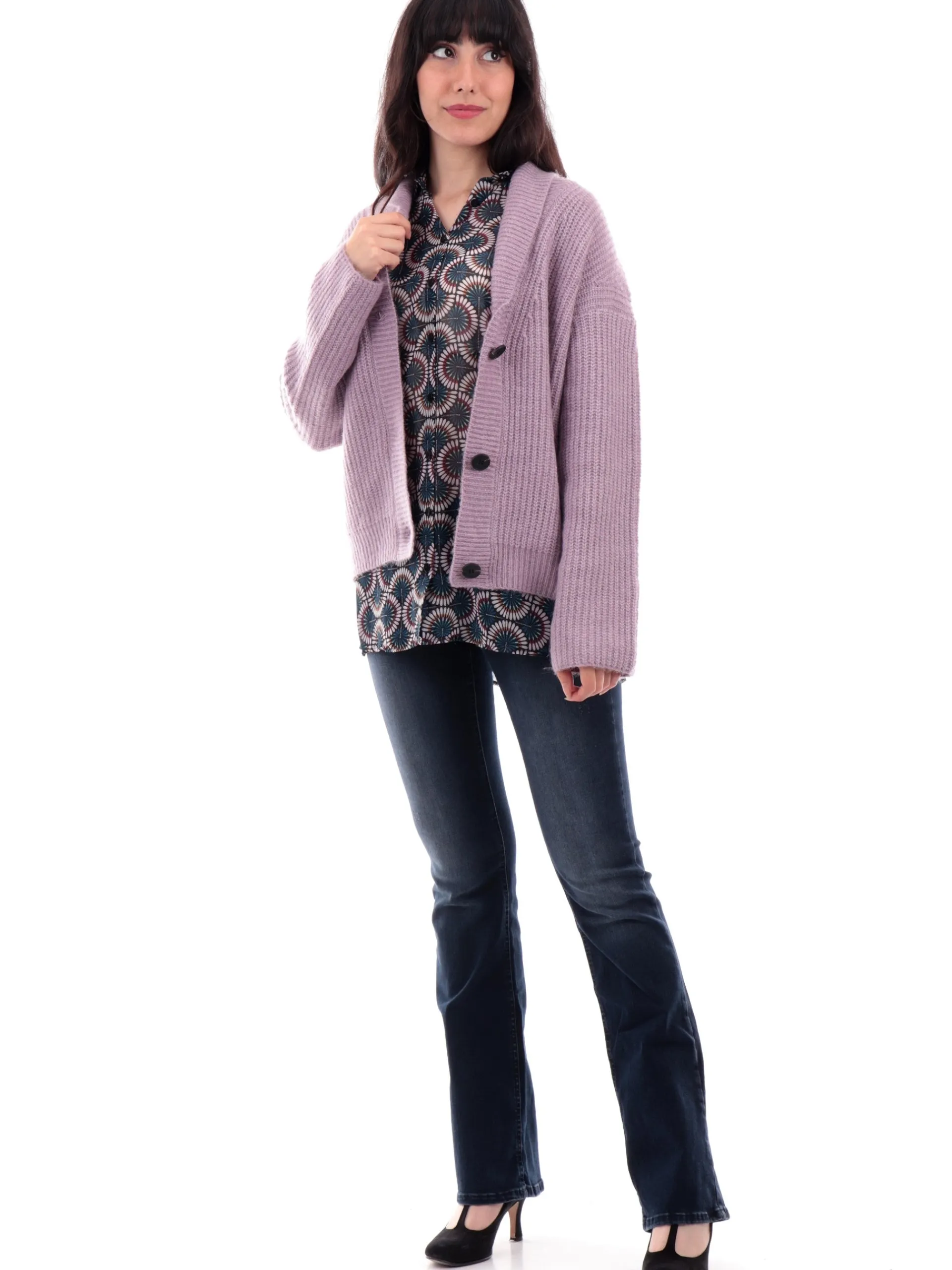 MOLLYBRACKEN Maglie*Cardigan Molly Bracken con rever viola da donna scollo a V M143CN