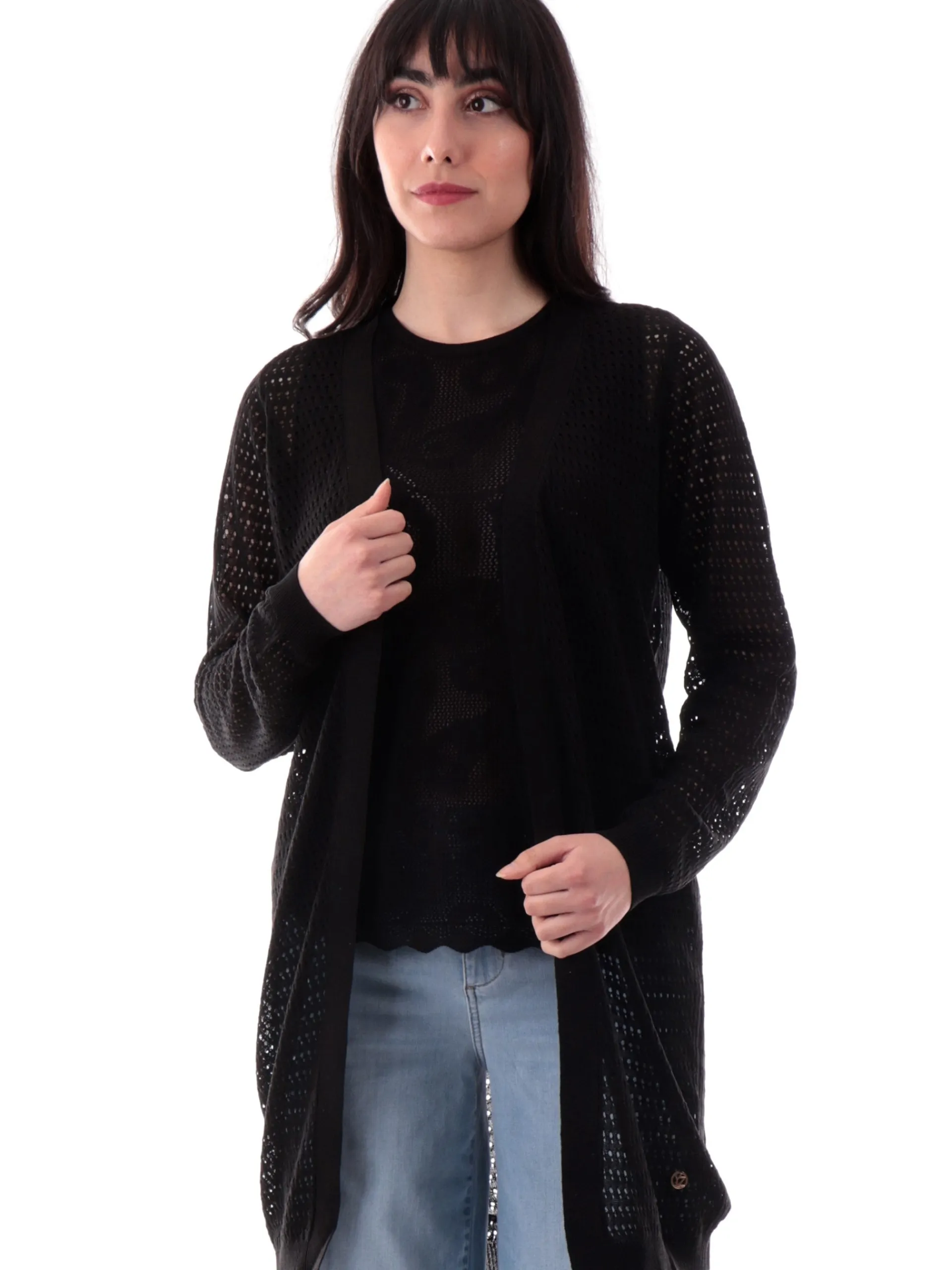 YES ZEE Maglie*Cardigan Nero lungo traforato in filo M439HF000801