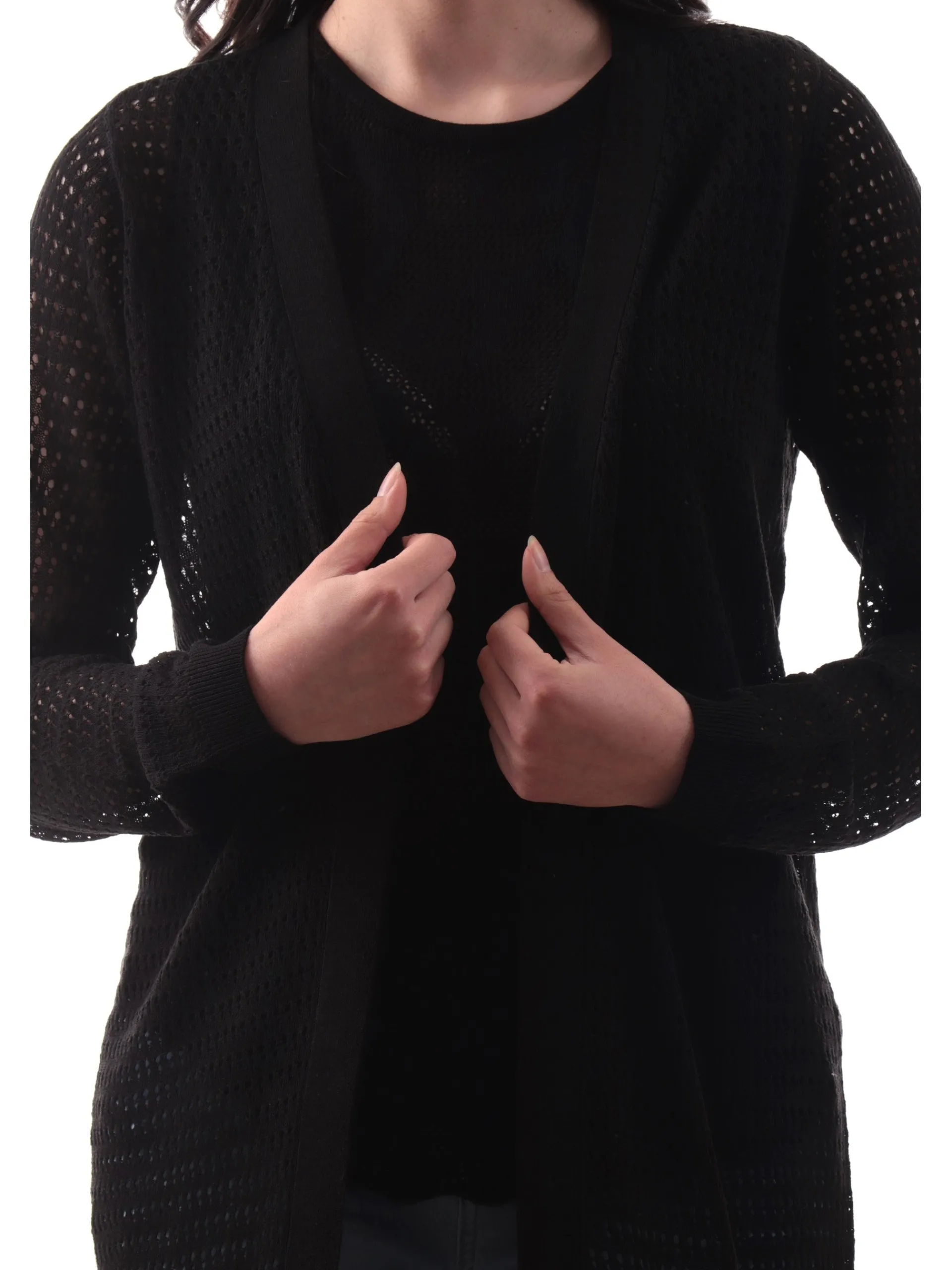 YES ZEE Maglie*Cardigan Nero lungo traforato in filo M439HF000801