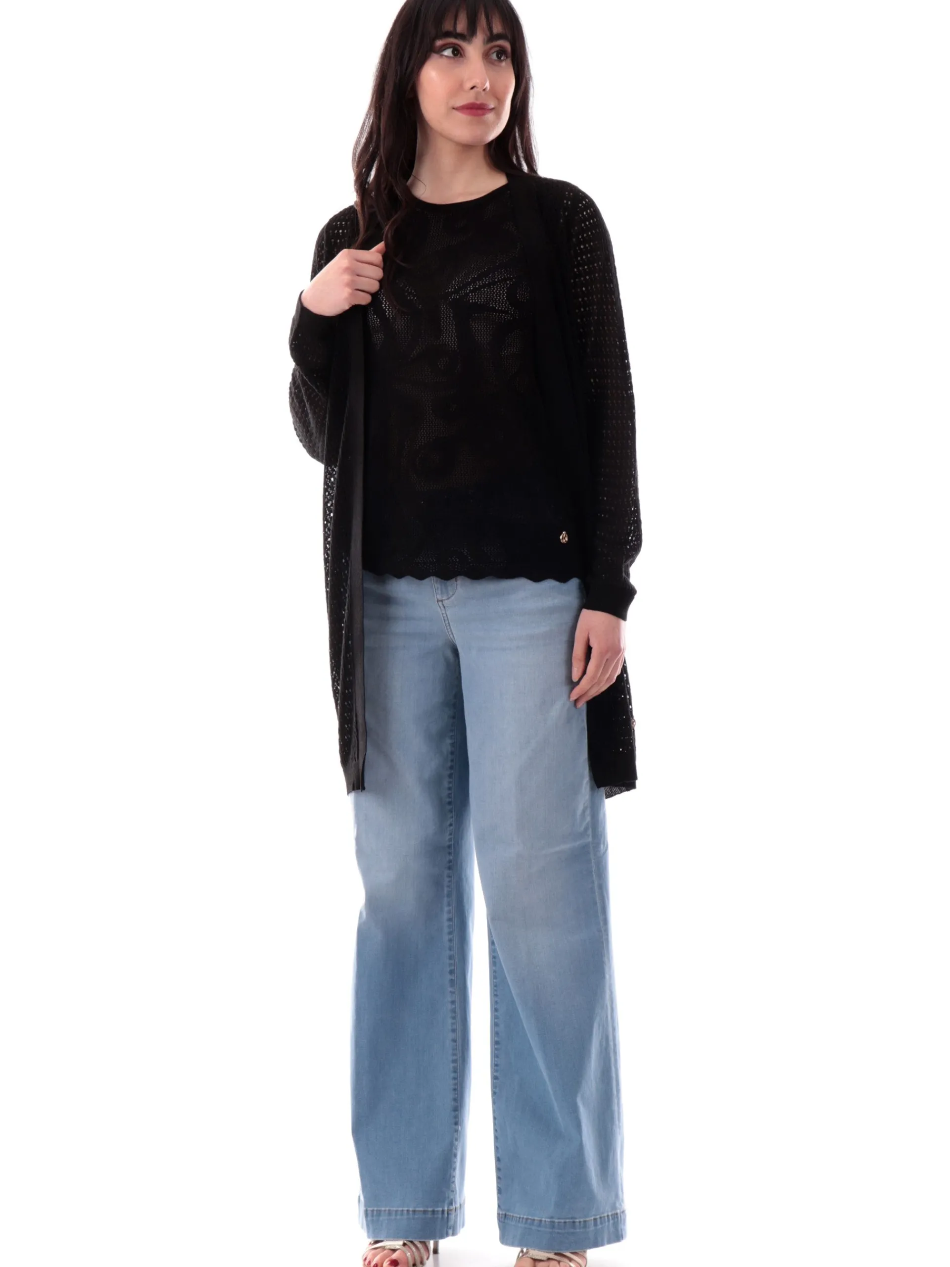 YES ZEE Maglie*Cardigan Nero lungo traforato in filo M439HF000801