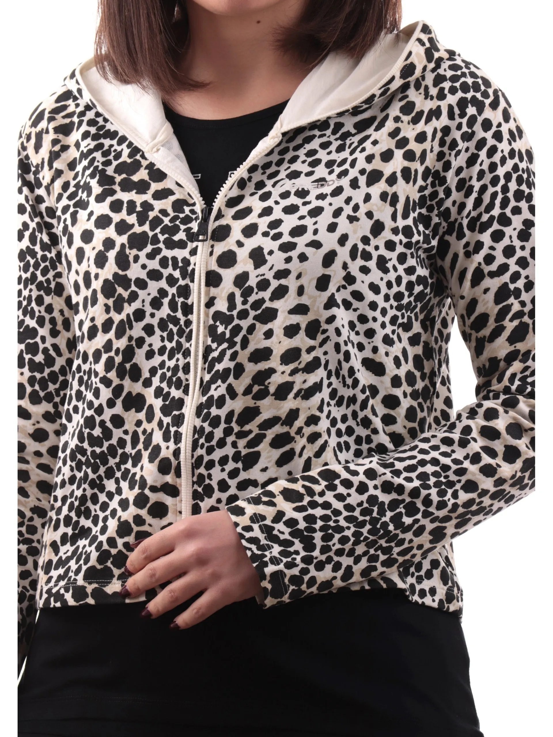 FREDDY Felpe*Felpa crop bianca animalier da donna full zip con cappuccio S25WMCS2C