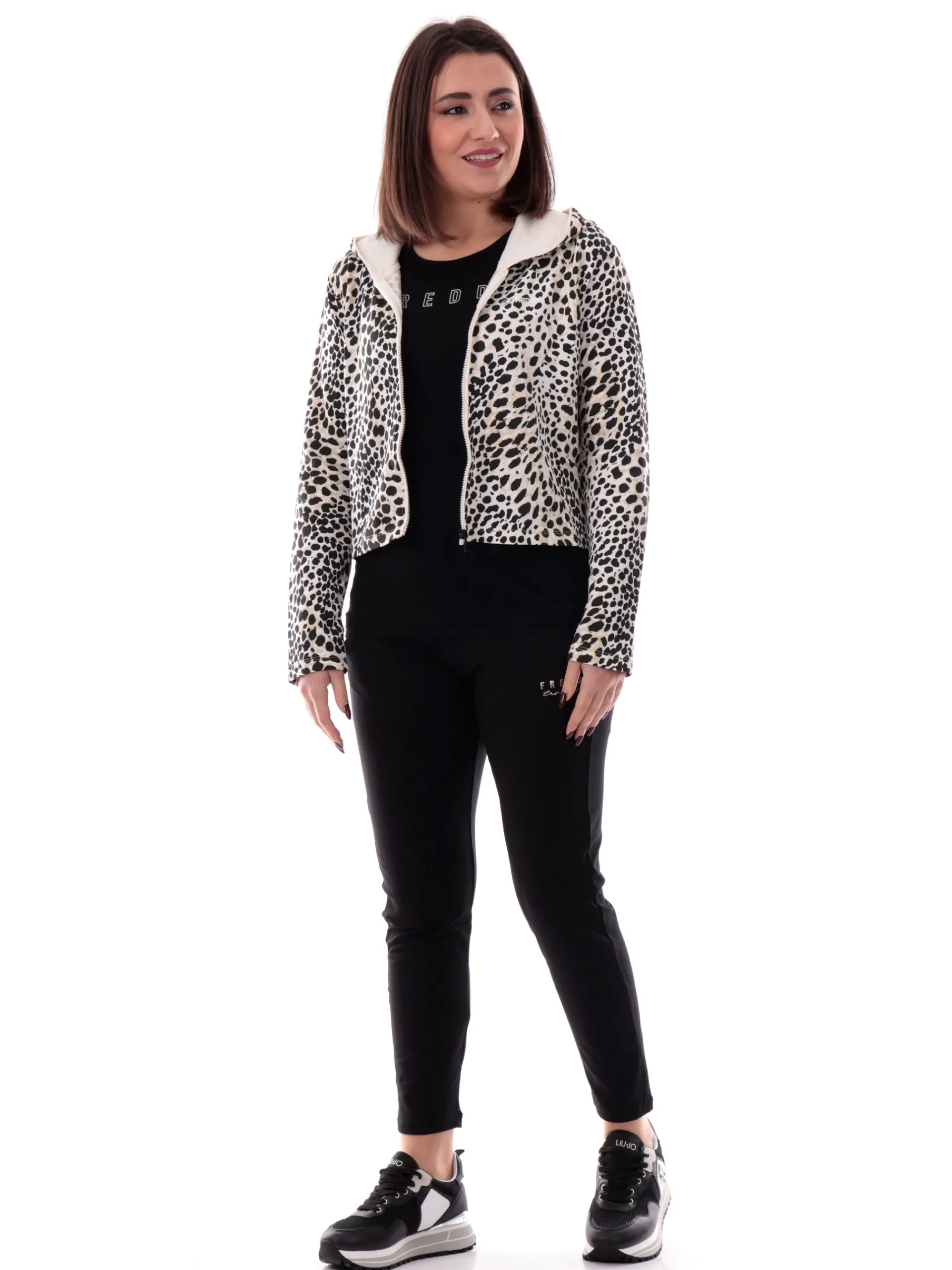FREDDY Felpe*Felpa crop bianca animalier da donna full zip con cappuccio S25WMCS2C