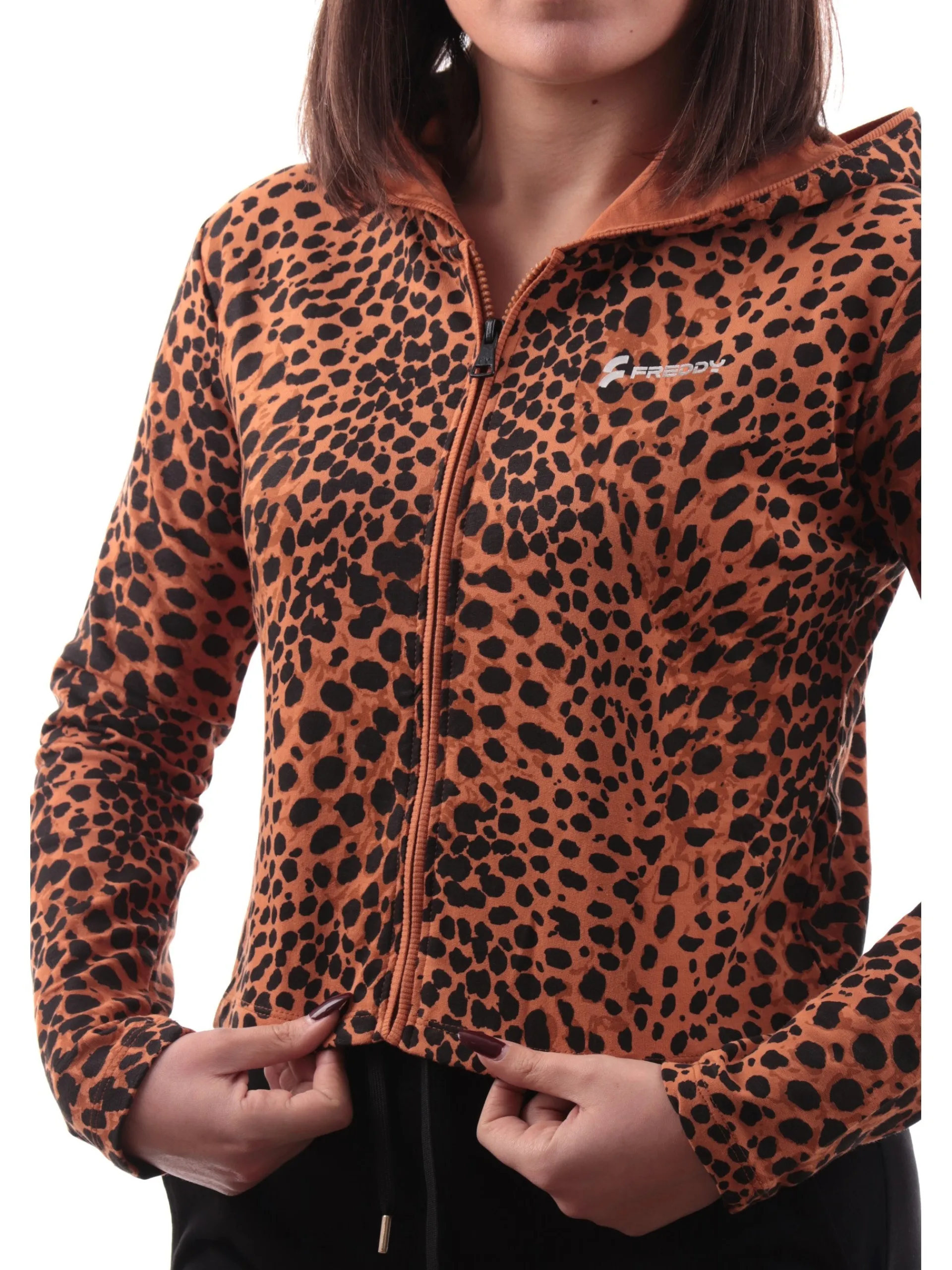 FREDDY Felpe*Felpa crop marrone animalier da donna full zip con cappuccio S25WMCS2C