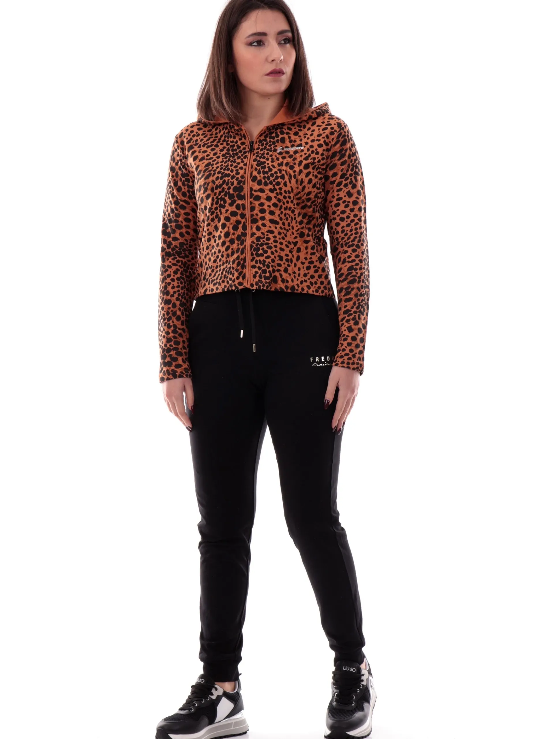 FREDDY Felpe*Felpa crop marrone animalier da donna full zip con cappuccio S25WMCS2C