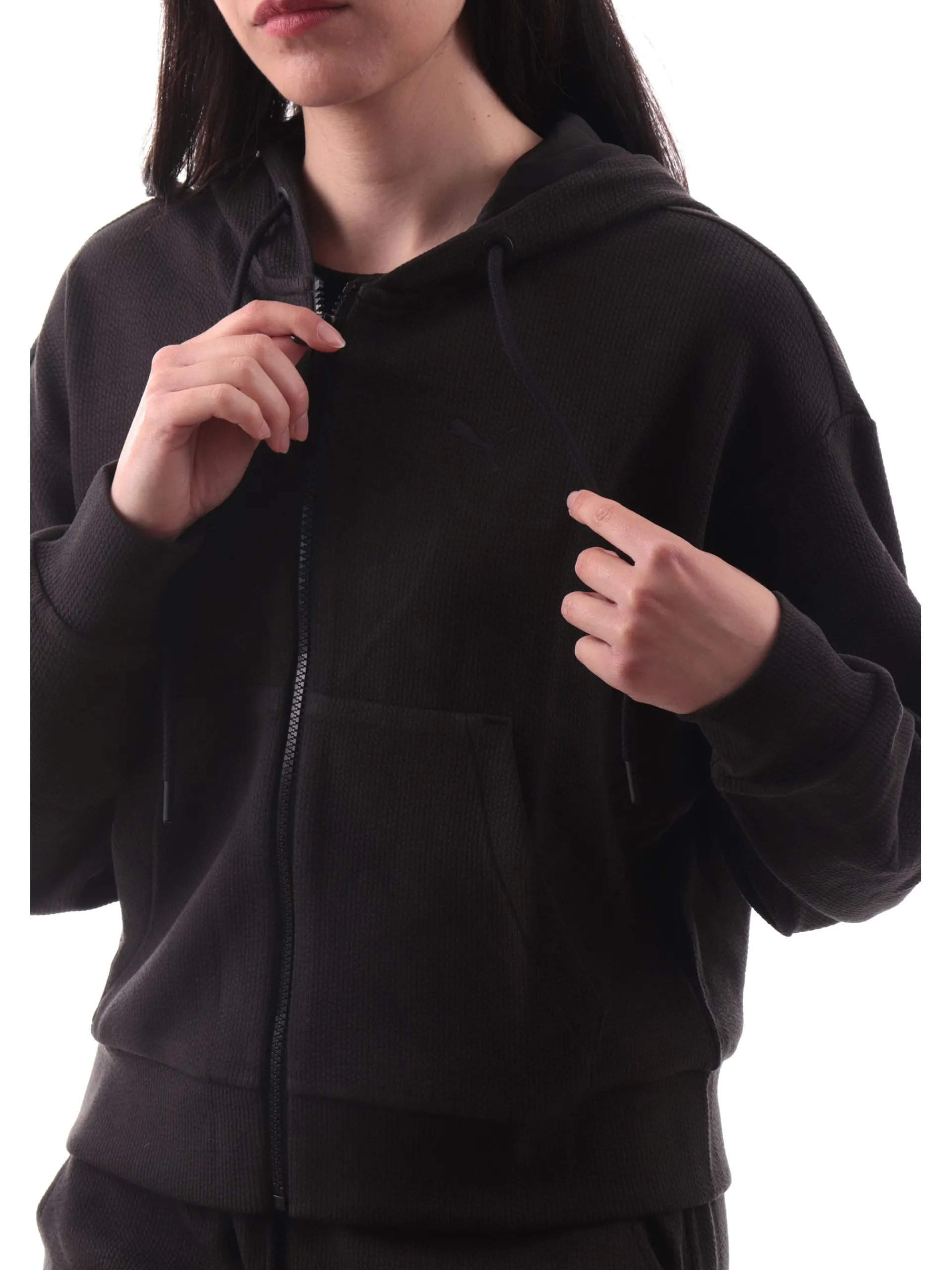 PUMA Felpe*Felpa crop nera da donna nido d'ape full zip con cappuccio 685056