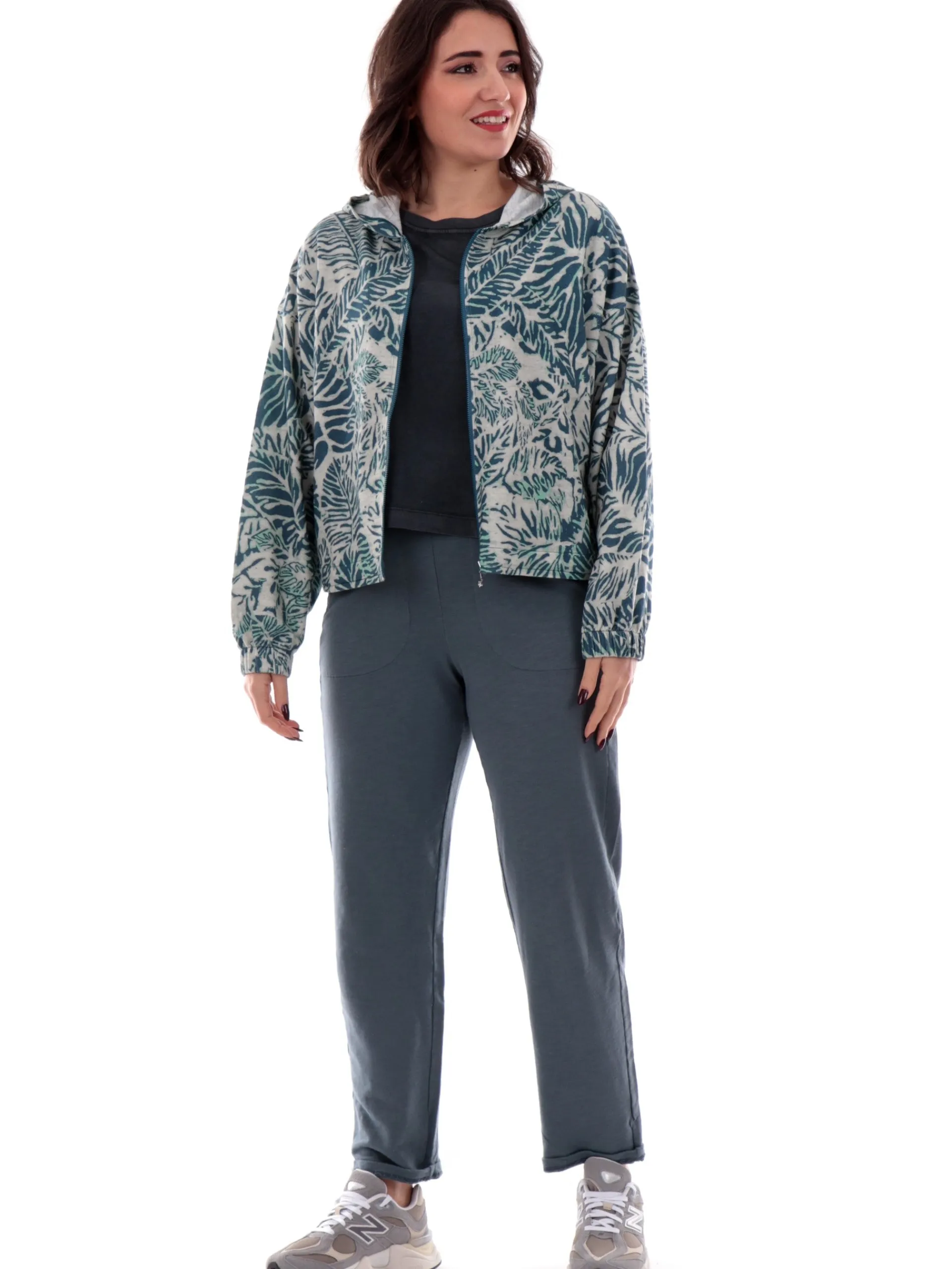 DEHA Felpe*Felpa fantasia floreale azzurra da donna con cappuccio D2242037714