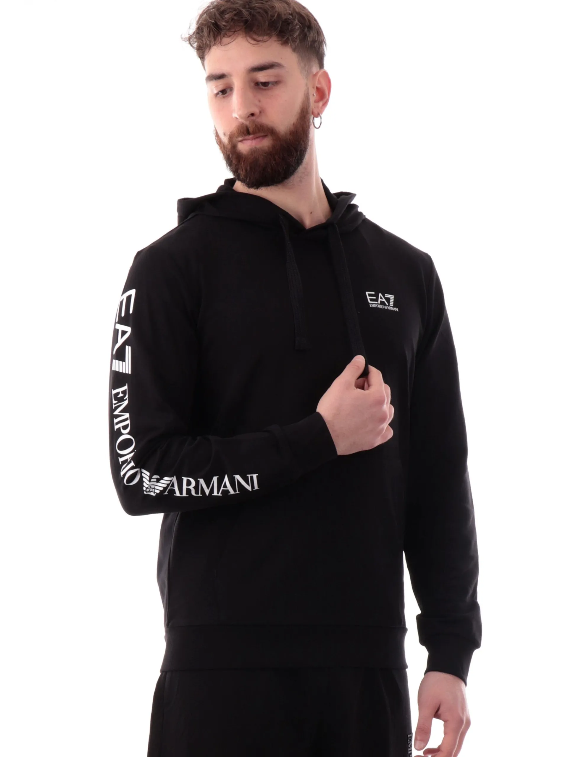 EMPORIO ARMANI 7 Felpe*Felpa EA7 nera da uomo con cappuccio e logo bianco sulla manica 7M000569AF13512