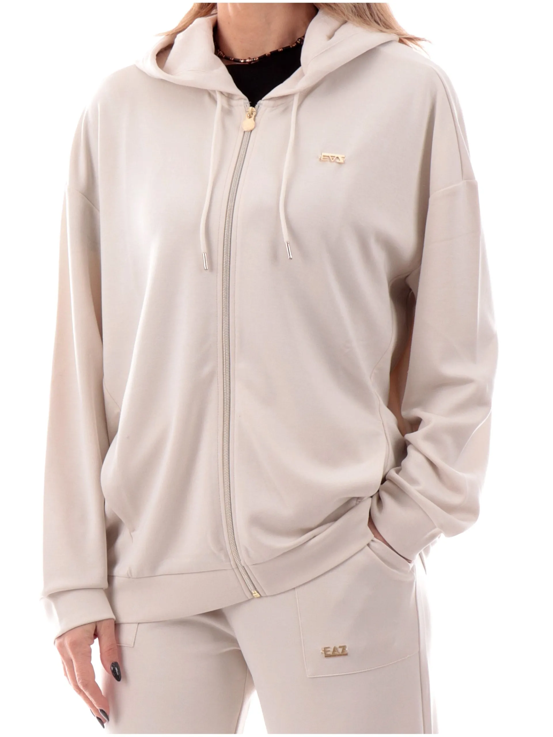EMPORIO ARMANI 7 Felpe*Felpa Emporio Armani EA7 beige da donna full zip con cappuccio logo oro 7W000192AF12643 U1112