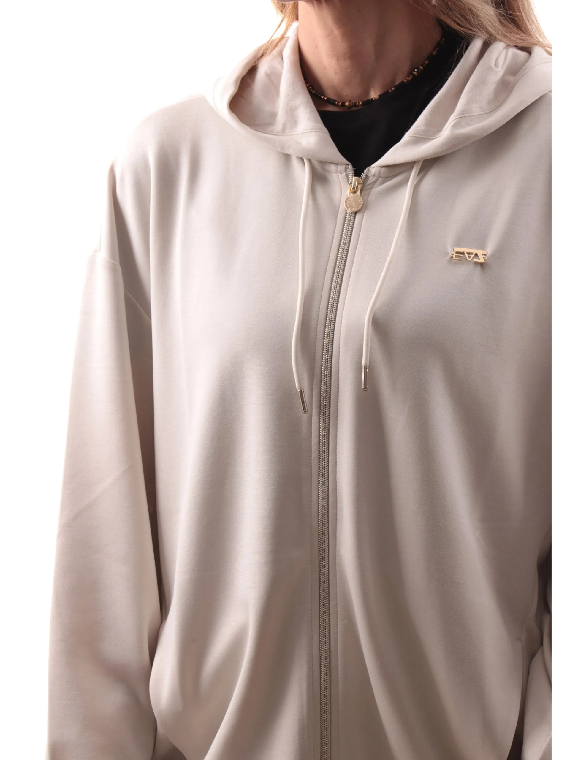EMPORIO ARMANI 7 Felpe*Felpa Emporio Armani EA7 beige da donna full zip con cappuccio logo oro 7W000192AF12643 U1112