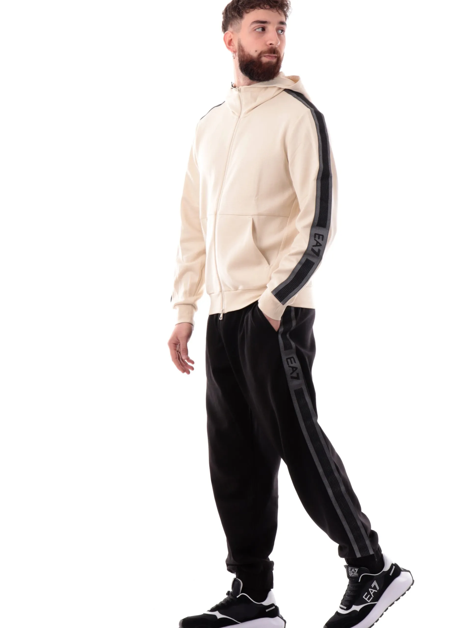 EMPORIO ARMANI 7 Felpe*Felpa Emporio Armani EA7 beige da uomo bande logate con cappuccio 7M000142AF126