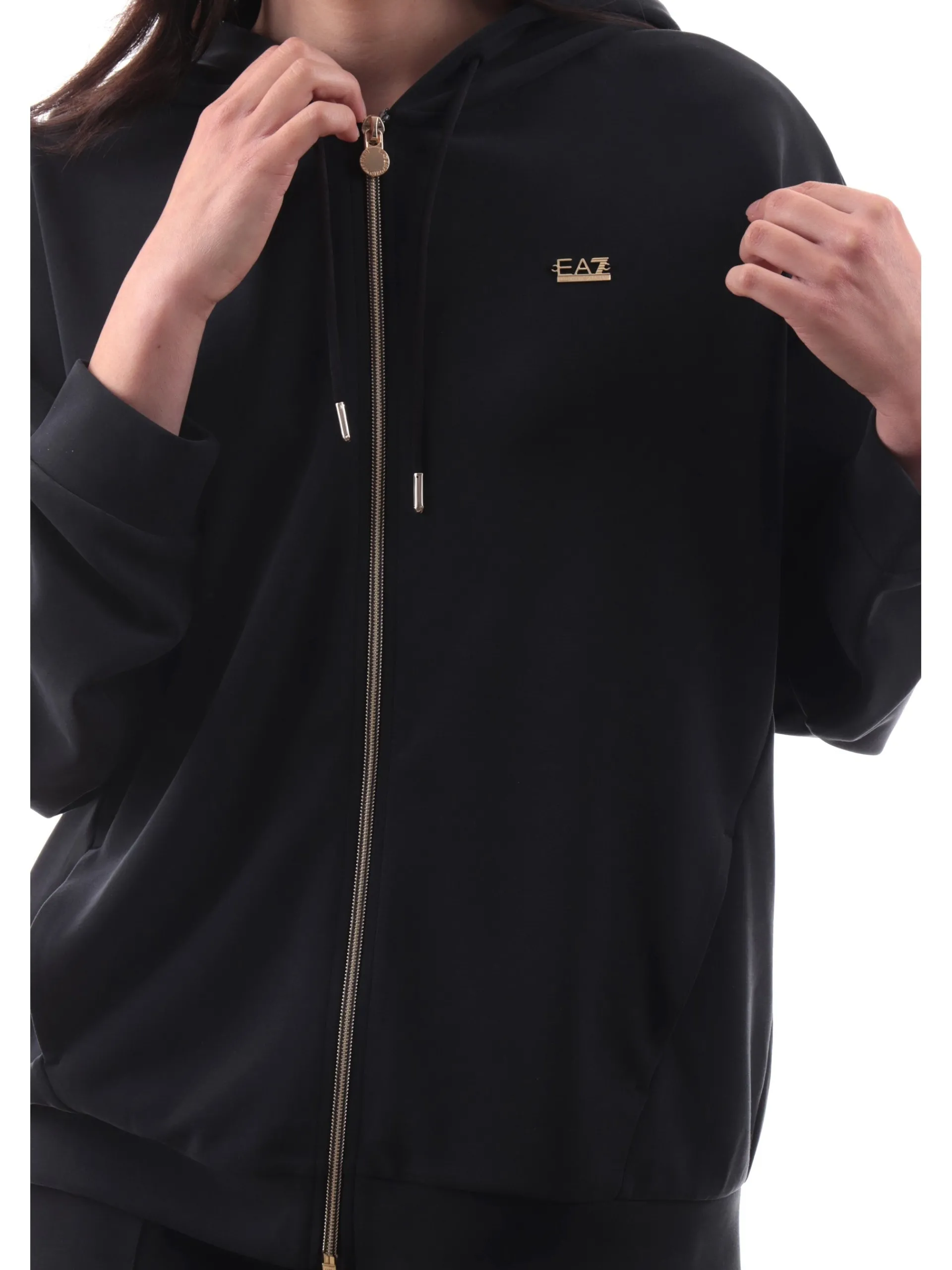 EMPORIO ARMANI 7 Felpe*Felpa Emporio Armani EA7 nera da donna full zip con cappuccio logo oro 7W000192AF12643 UC001