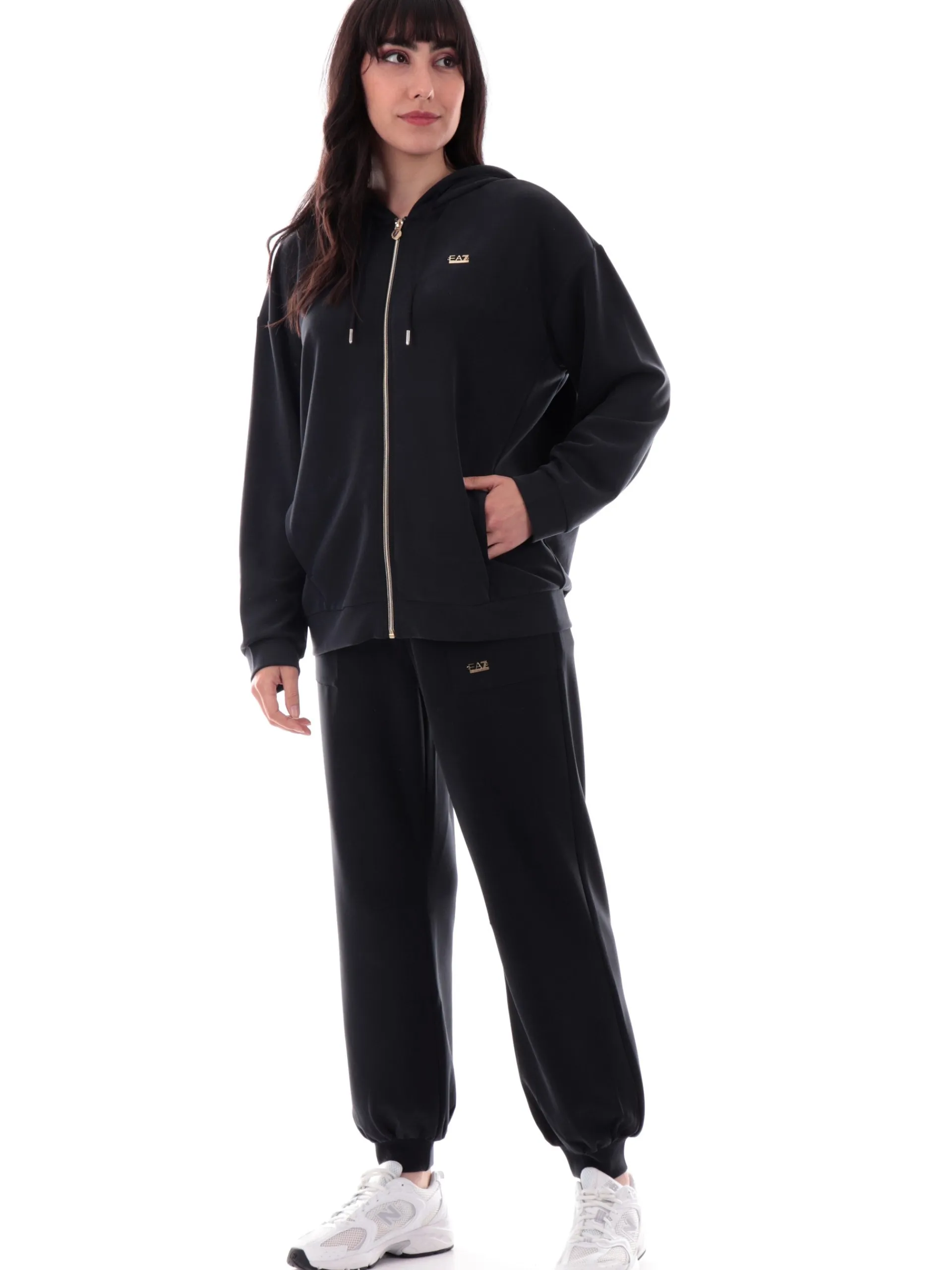 EMPORIO ARMANI 7 Felpe*Felpa Emporio Armani EA7 nera da donna full zip con cappuccio logo oro 7W000192AF12643 UC001