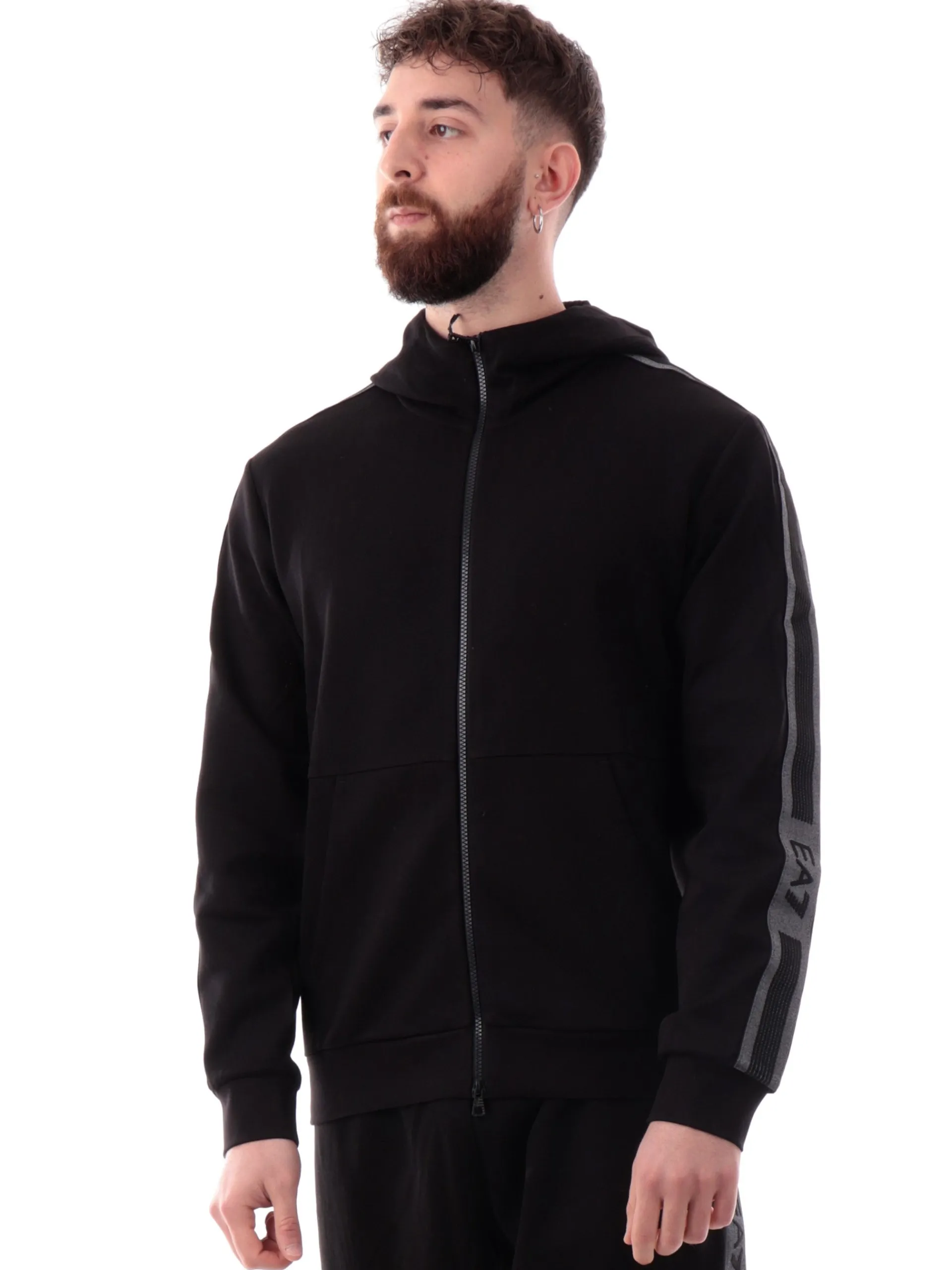 EMPORIO ARMANI 7 Felpe*Felpa Emporio Armani EA7 nero da uomo bande logate con cappuccio 7M000142AF126