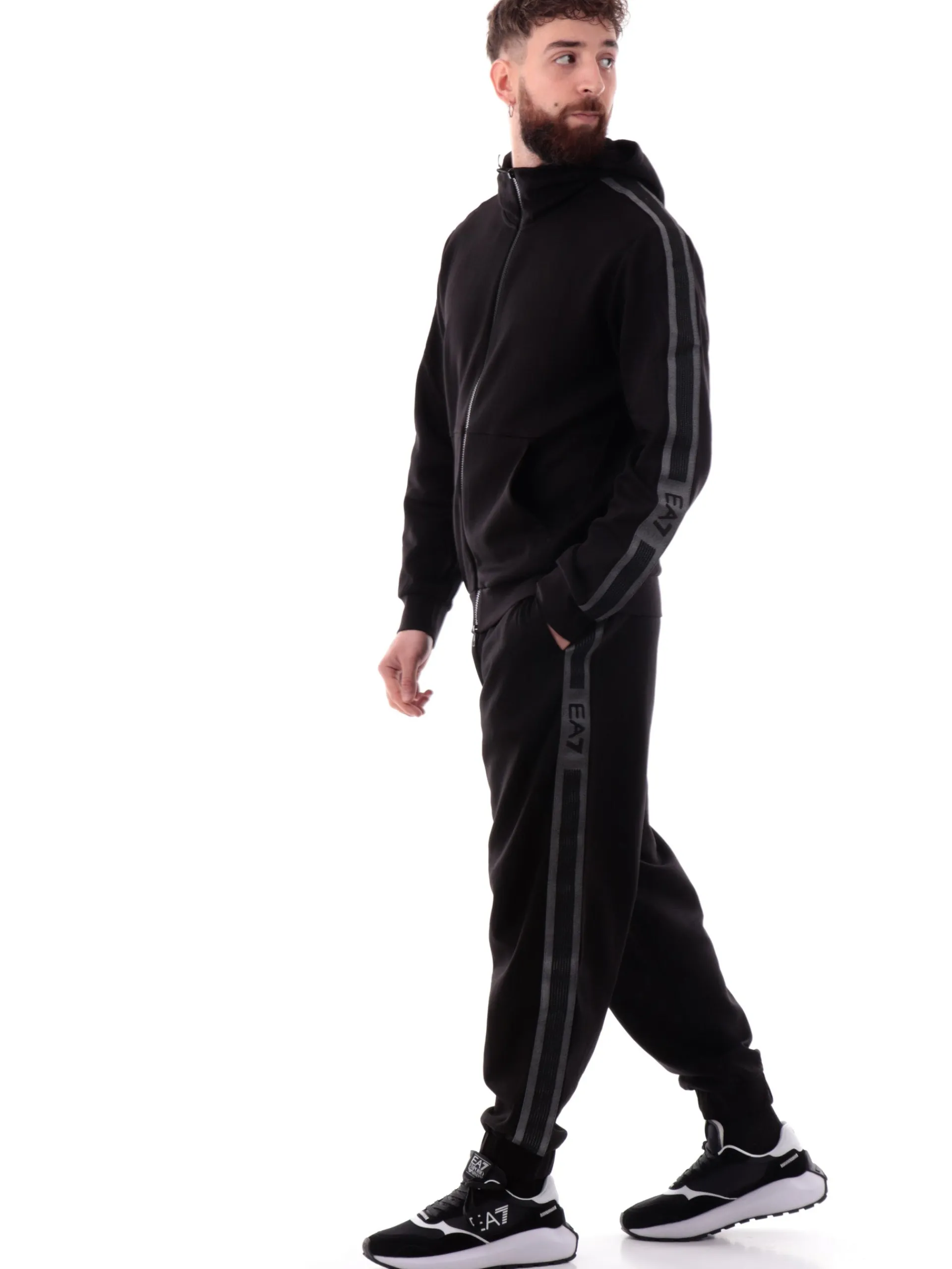 EMPORIO ARMANI 7 Felpe*Felpa Emporio Armani EA7 nero da uomo bande logate con cappuccio 7M000142AF126