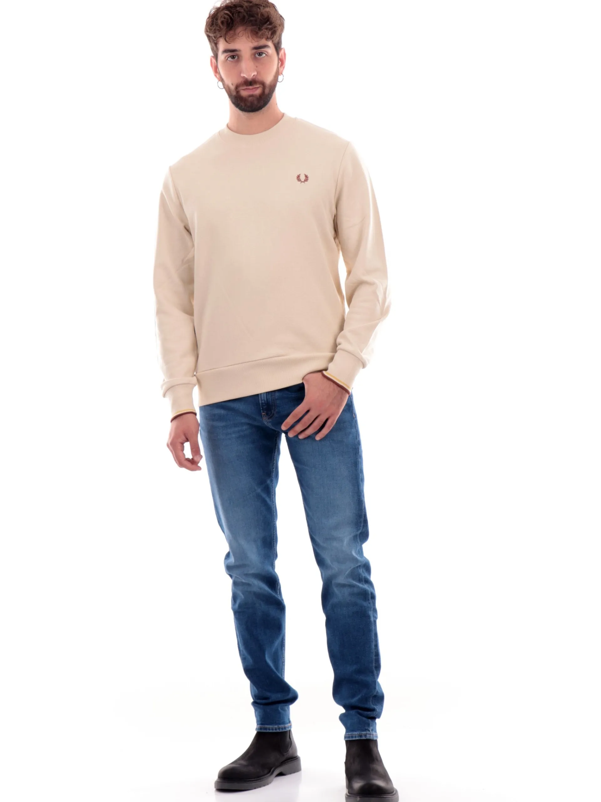 FRED PERRY Felpe*Felpa bianco crema da uomo girocollo M7535