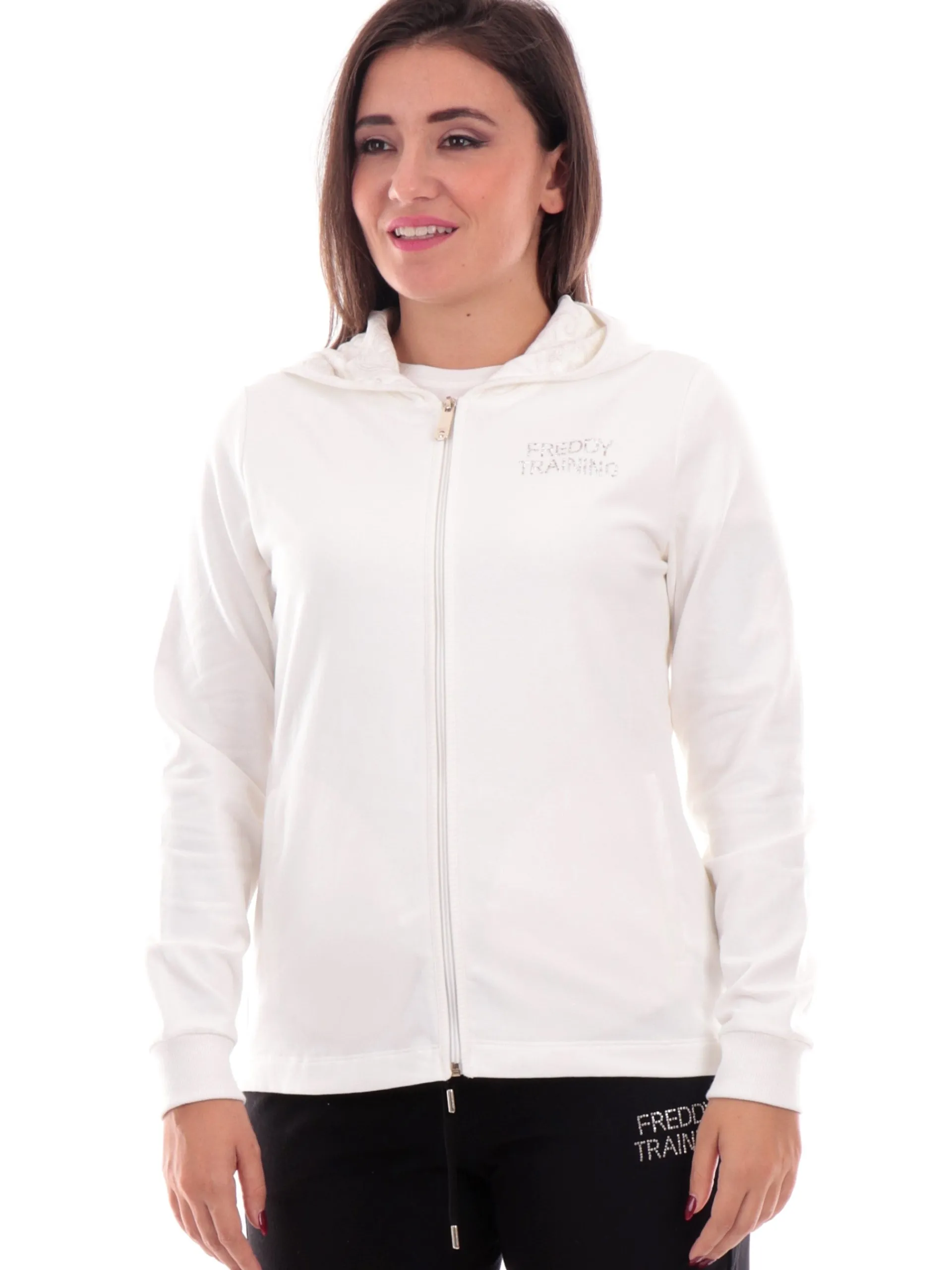FREDDY Felpe*Felpa bianca da donna full zip con cappuccio F4WTRS3