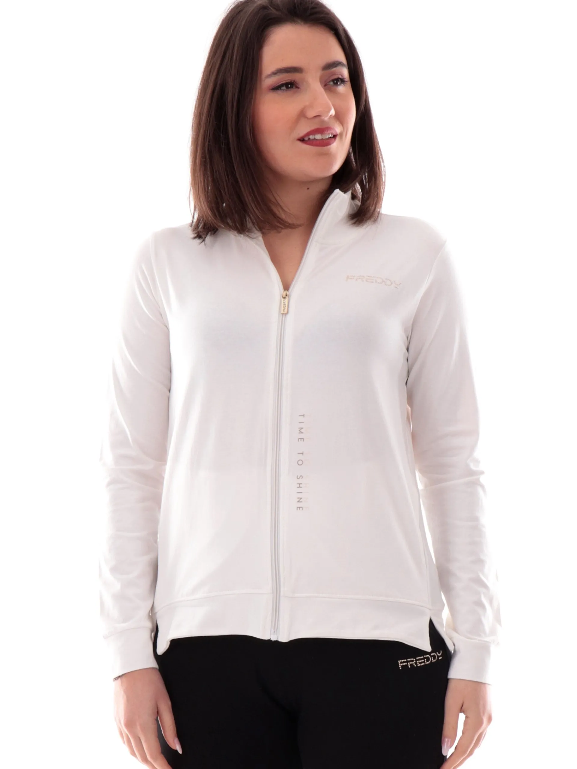FREDDY Felpe*Felpa bianca full zip collo alto da donna logo strass S25WCRS2