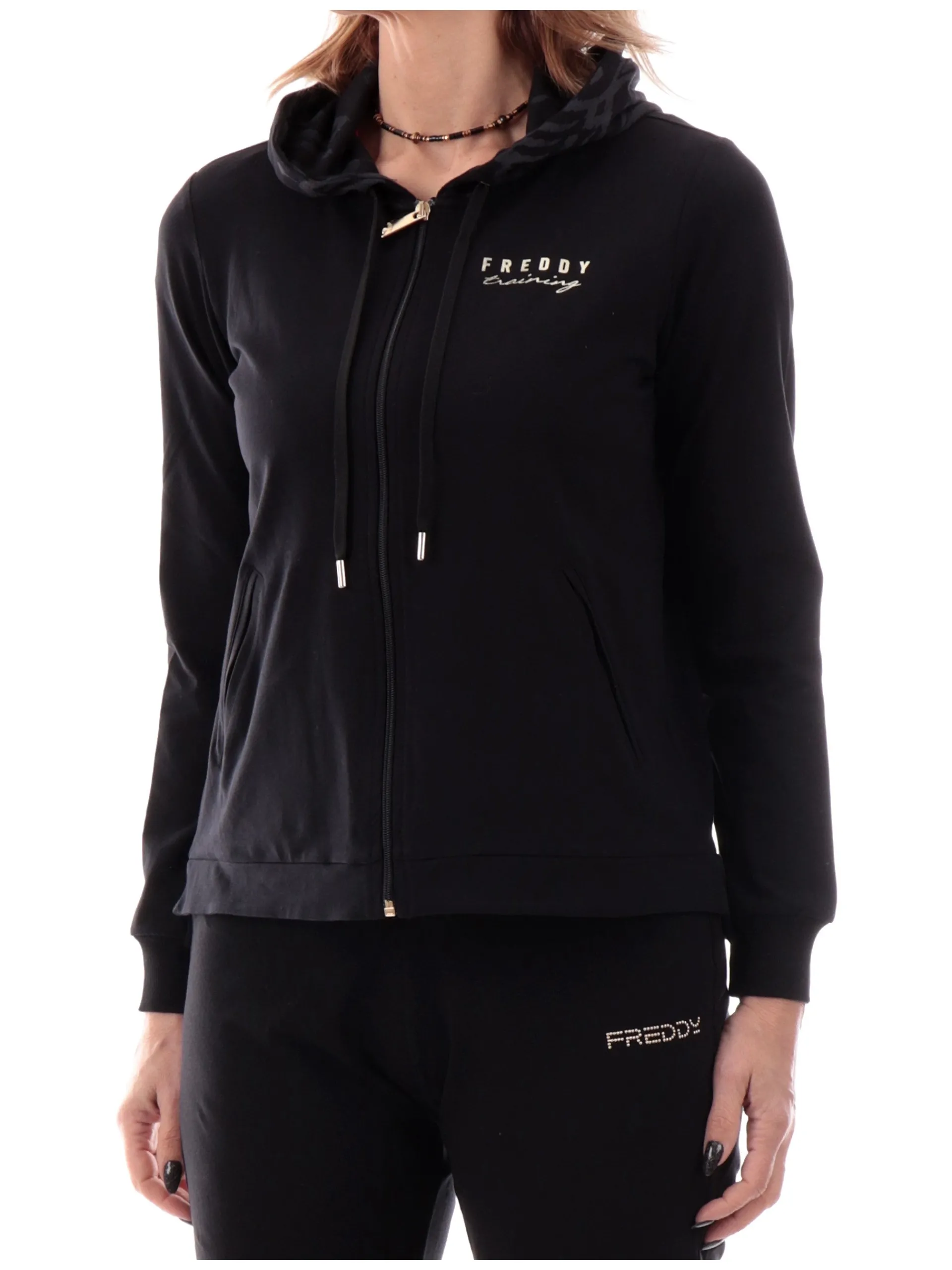 FREDDY Felpe*Felpa cappuccio animalier nera da donna logo oro S25WTRS2