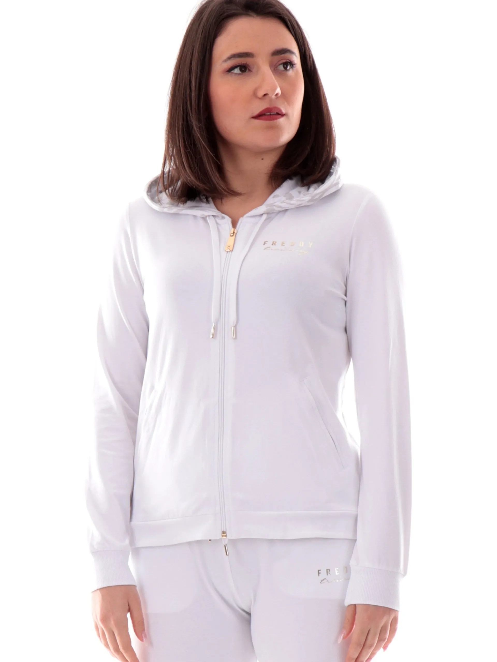 FREDDY Felpe*Felpa cappuccio animalier bianca da donna logo oro S25WTRS2