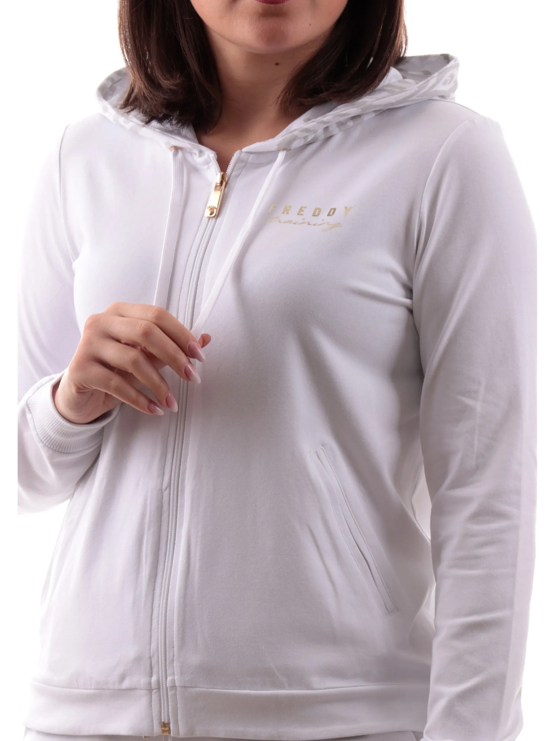 FREDDY Felpe*Felpa cappuccio animalier bianca da donna logo oro S25WTRS2
