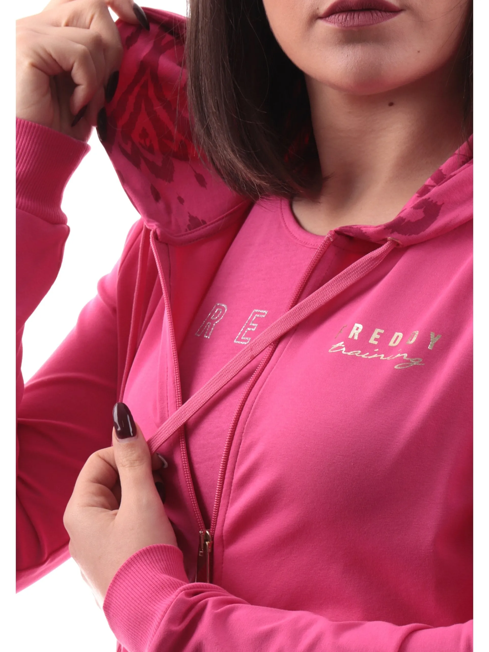 FREDDY Felpe*Felpa cappuccio animalier fucsia da donna logo oro S25WTRS2