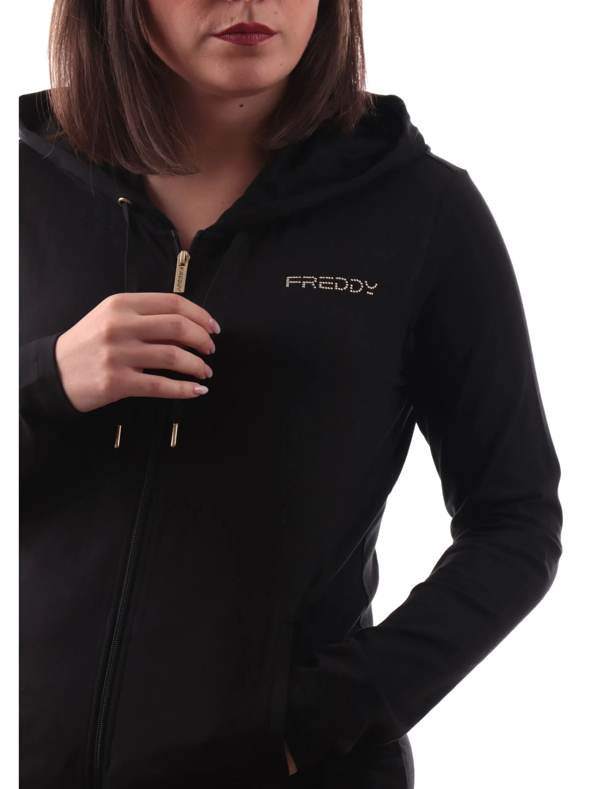 FREDDY Felpe*Felpa nera full zip con cappuccio da donna logo strass S25WCRS3