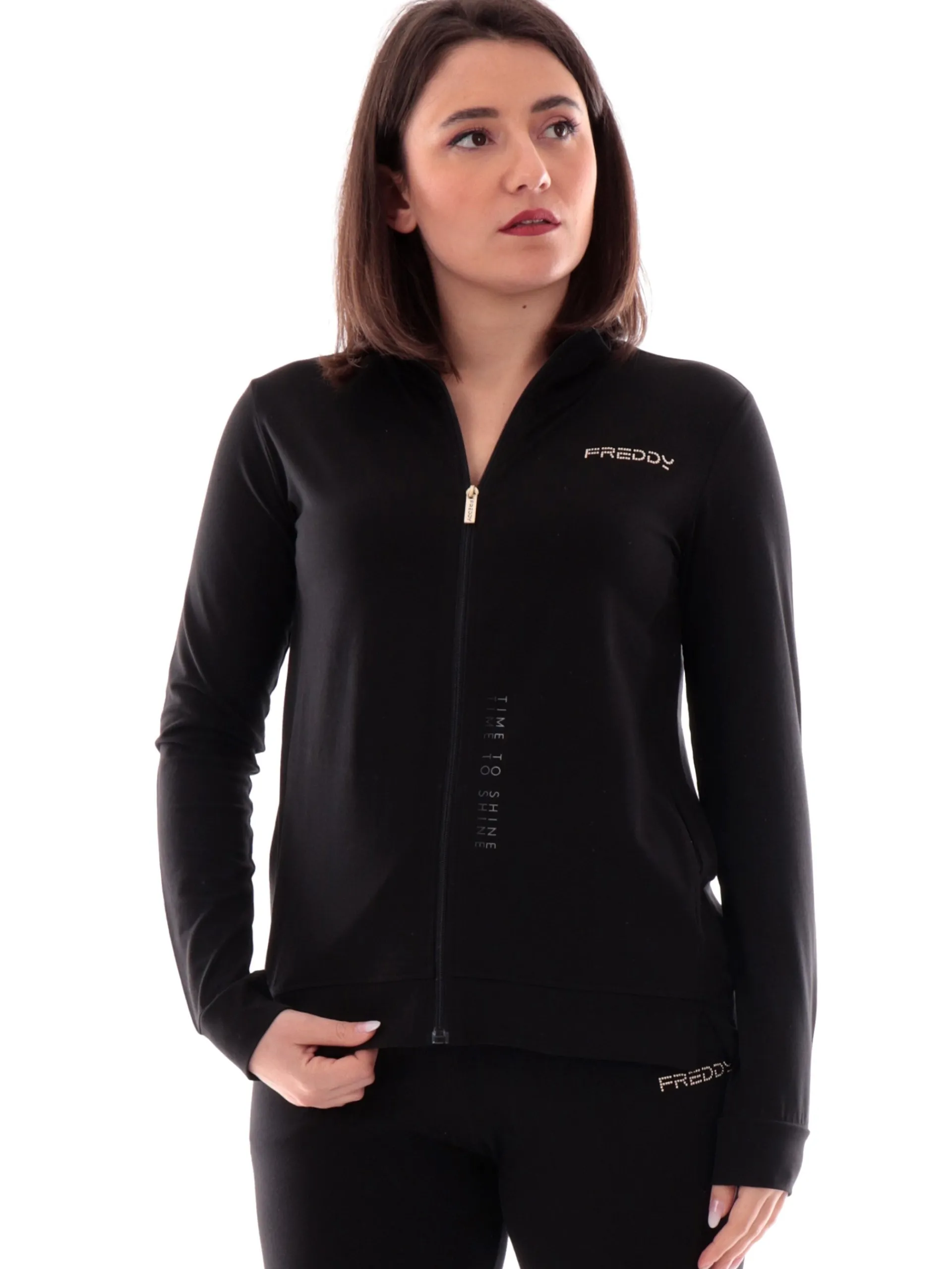 FREDDY Felpe*Felpa nera full zip collo alto da donna logo strass S25WCRS2