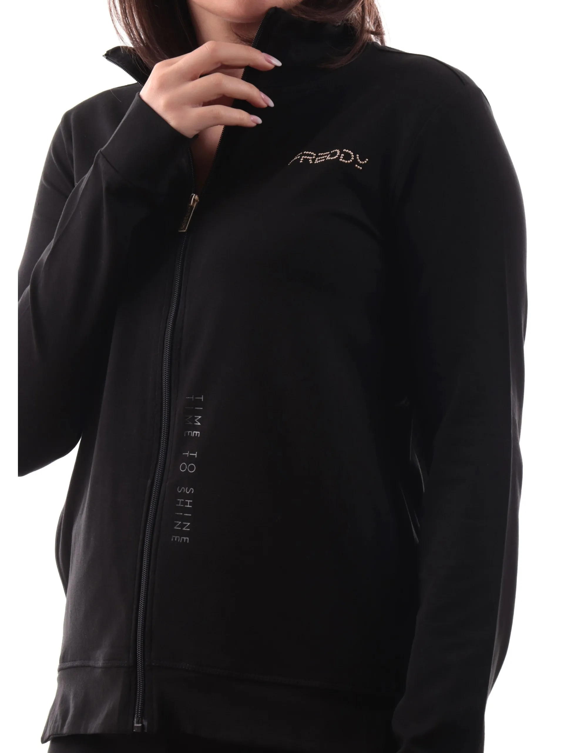 FREDDY Felpe*Felpa nera full zip collo alto da donna logo strass S25WCRS2