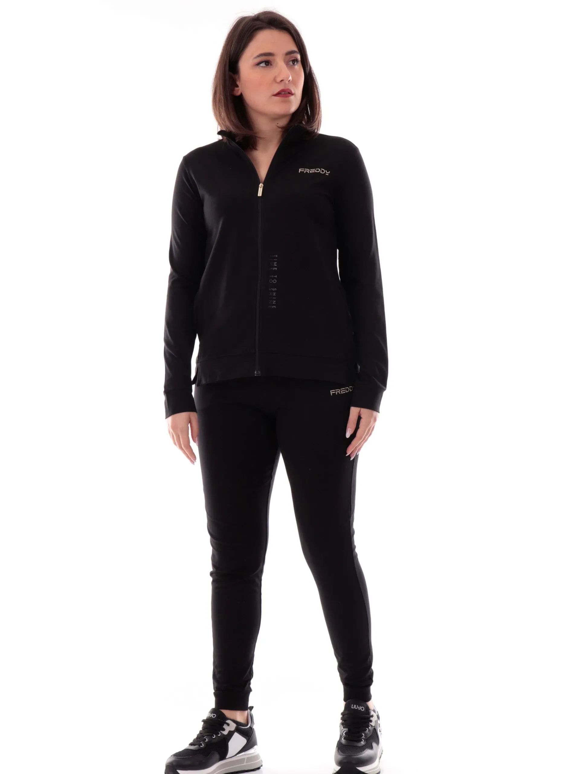 FREDDY Felpe*Felpa nera full zip collo alto da donna logo strass S25WCRS2