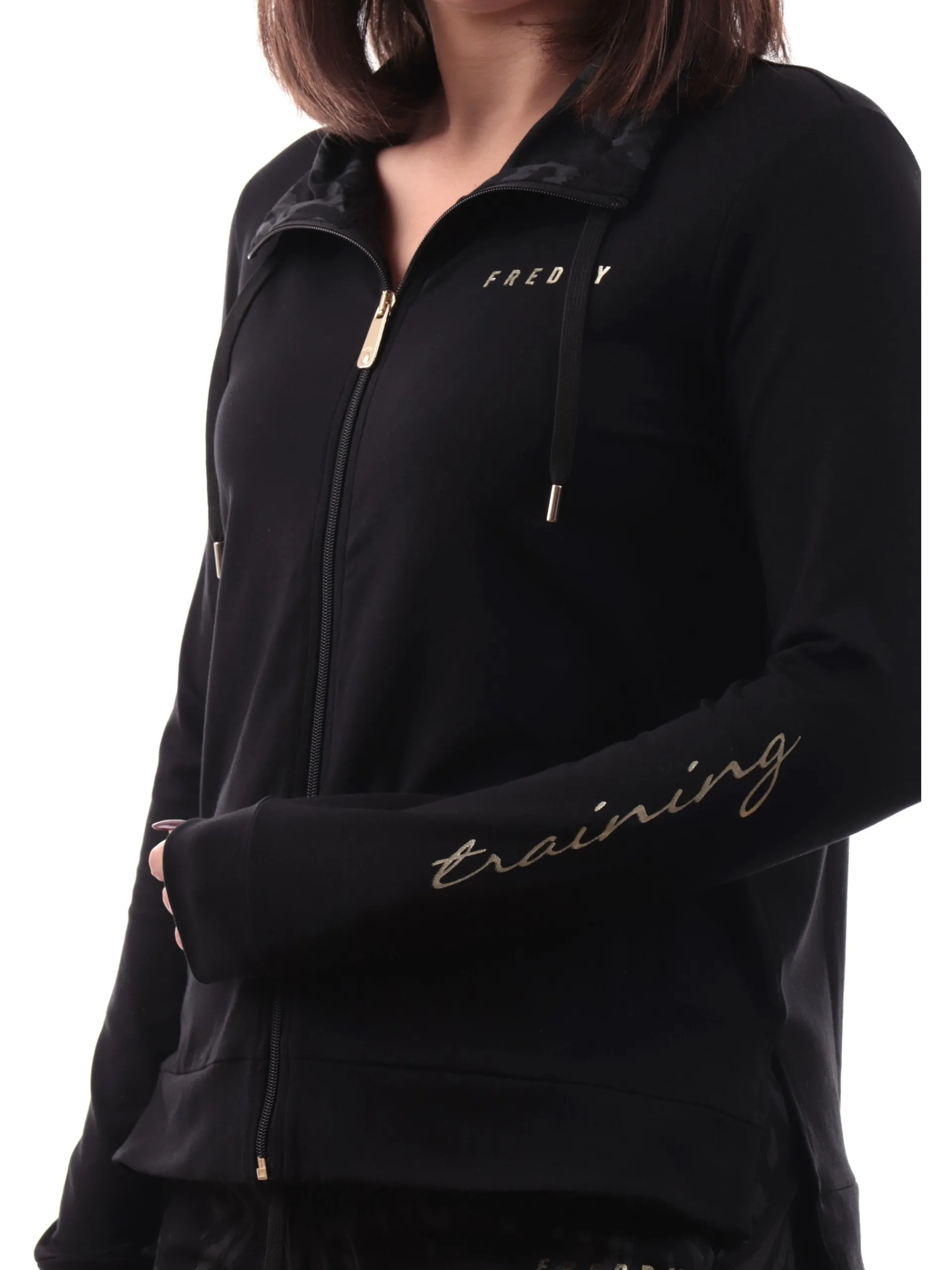 FREDDY Felpe*Felpa nera inserti interni animalier da donna full zip S25WTRS3