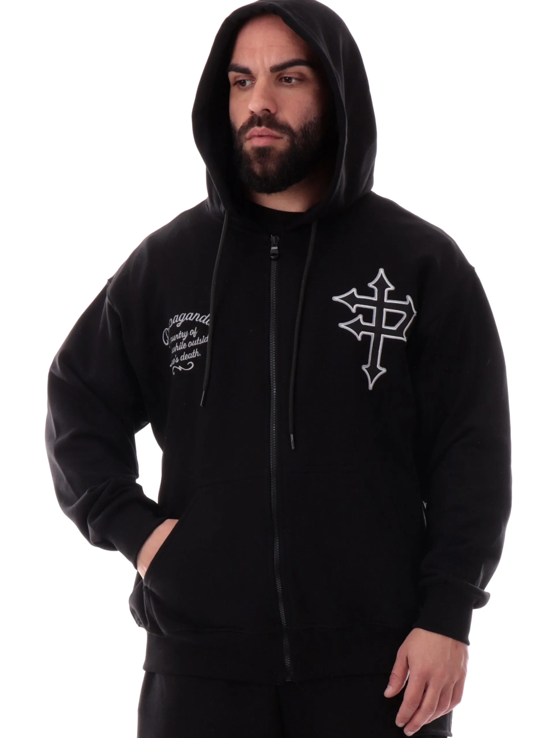 PROPAGANDA Felpe*Felpa nera Capital full zip con cappuccio 25SSPRFE