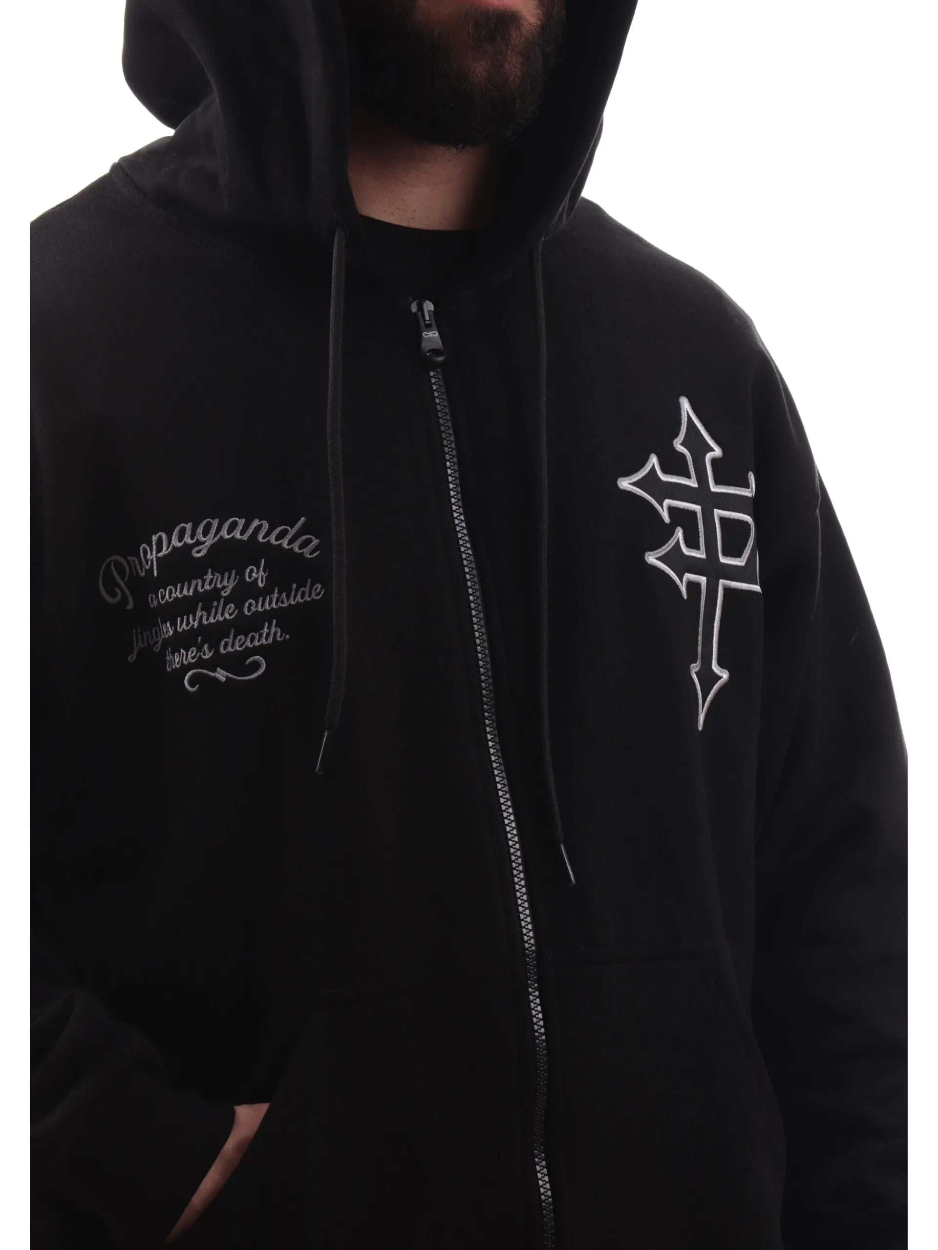 PROPAGANDA Felpe*Felpa nera Capital full zip con cappuccio 25SSPRFE