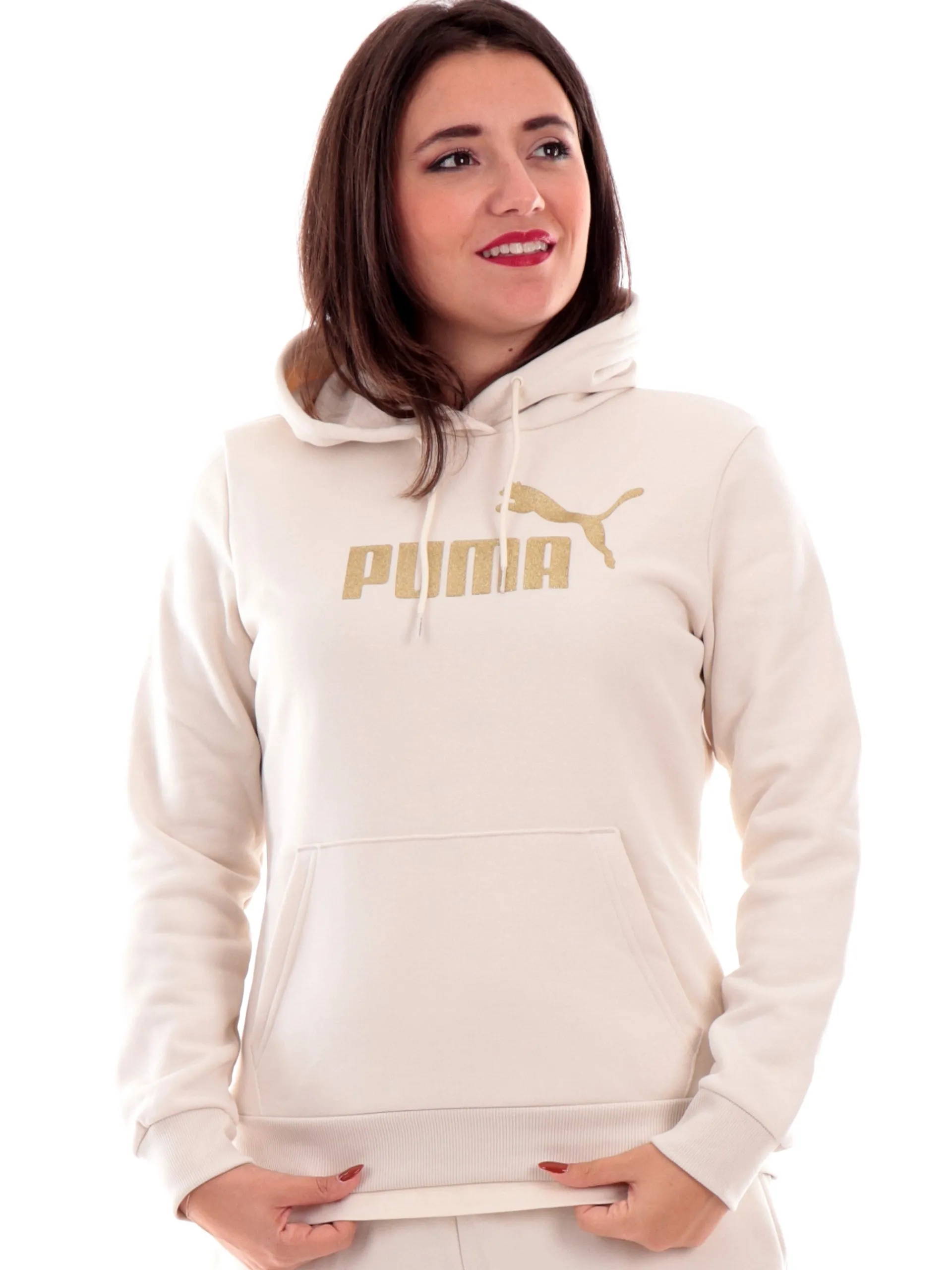 PUMA Felpe*Felpa beige da donna logo glitter con cappuccio 684767