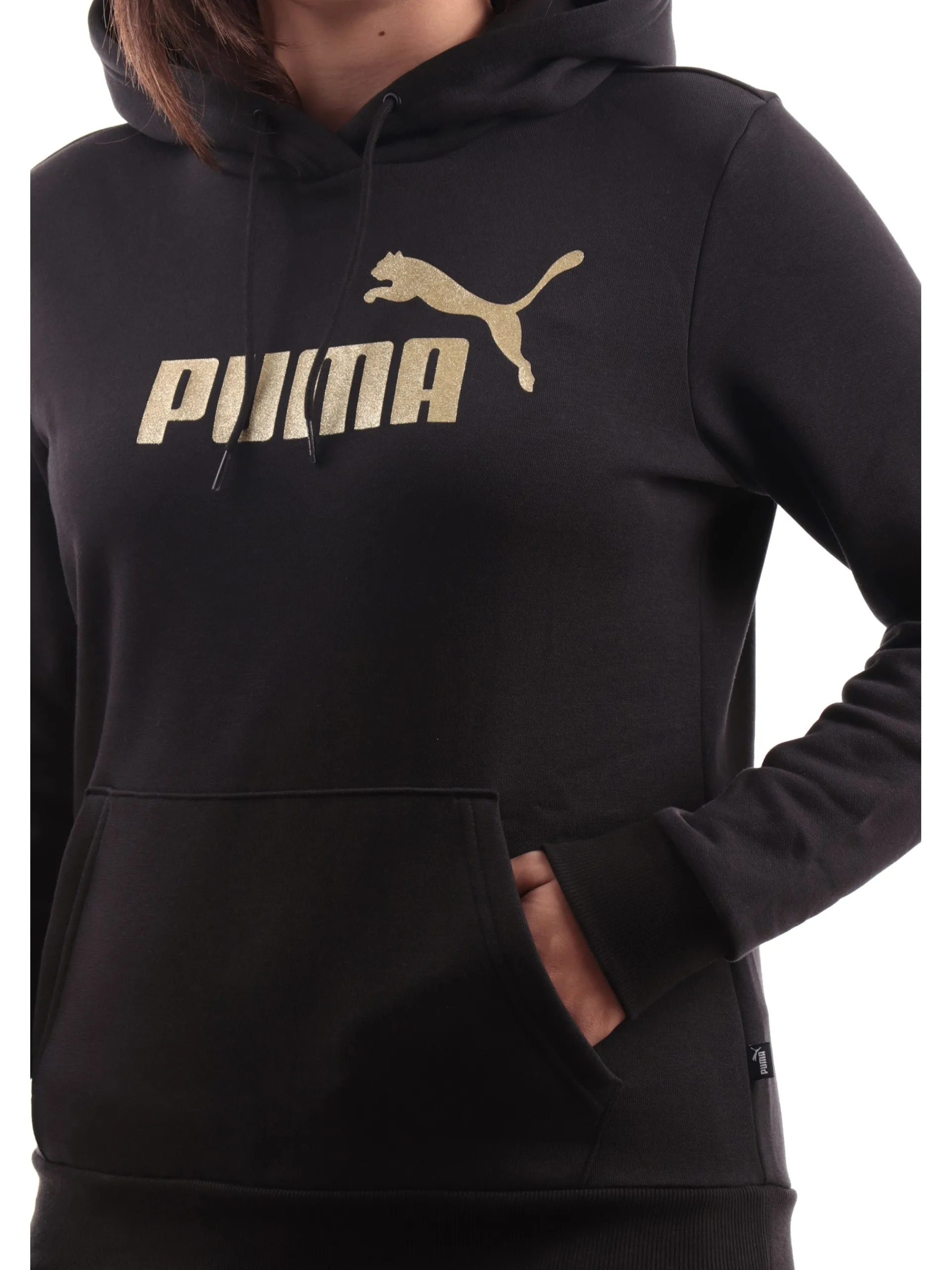 PUMA Felpe*Felpa nera da donna logo glitter con cappuccio 684767
