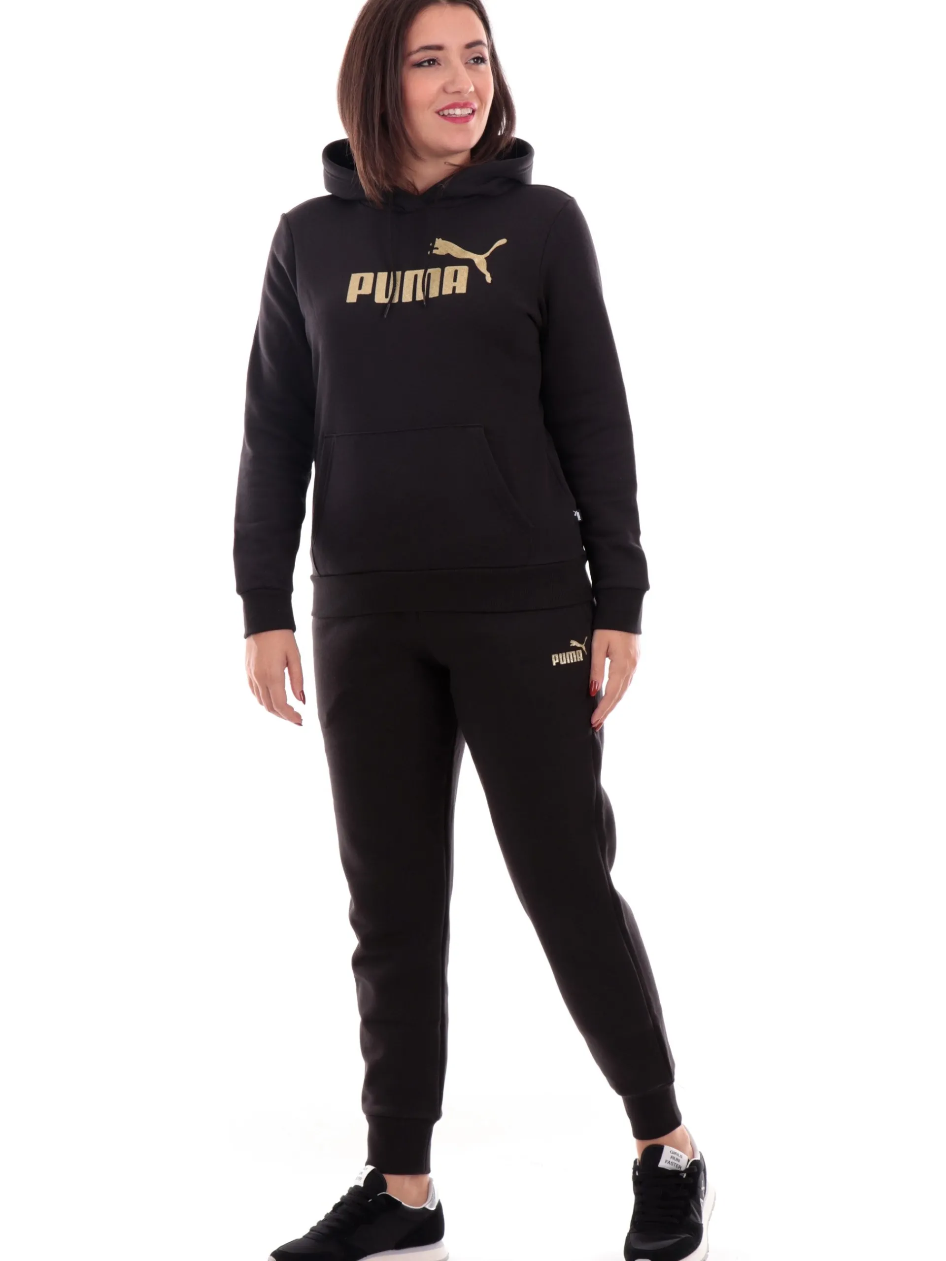 PUMA Felpe*Felpa nera da donna logo glitter con cappuccio 684767