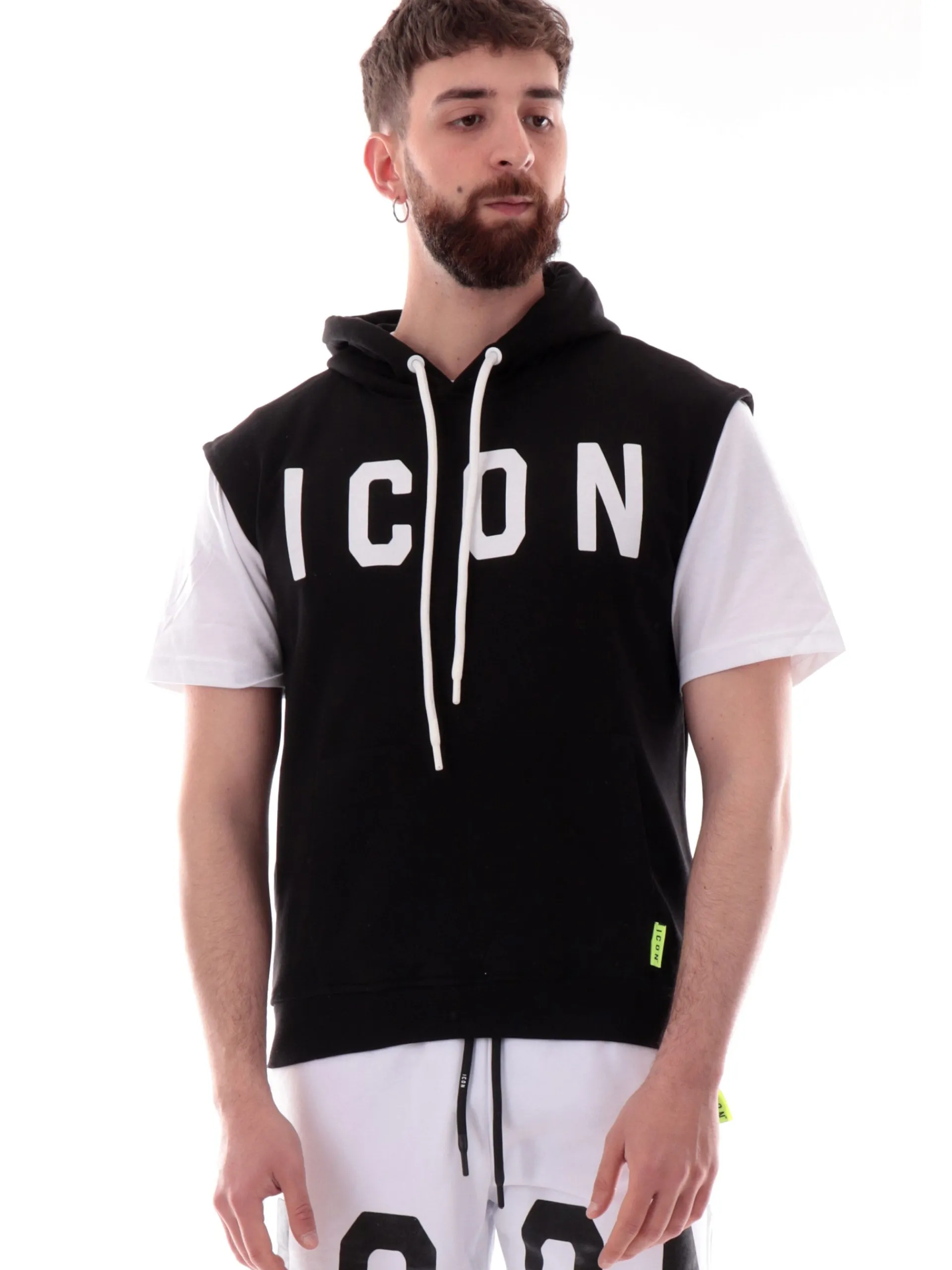 ICON Felpe*Felpa smanicata nera gilet con cappuccio logo bianco ICUS2S5F020 NERO