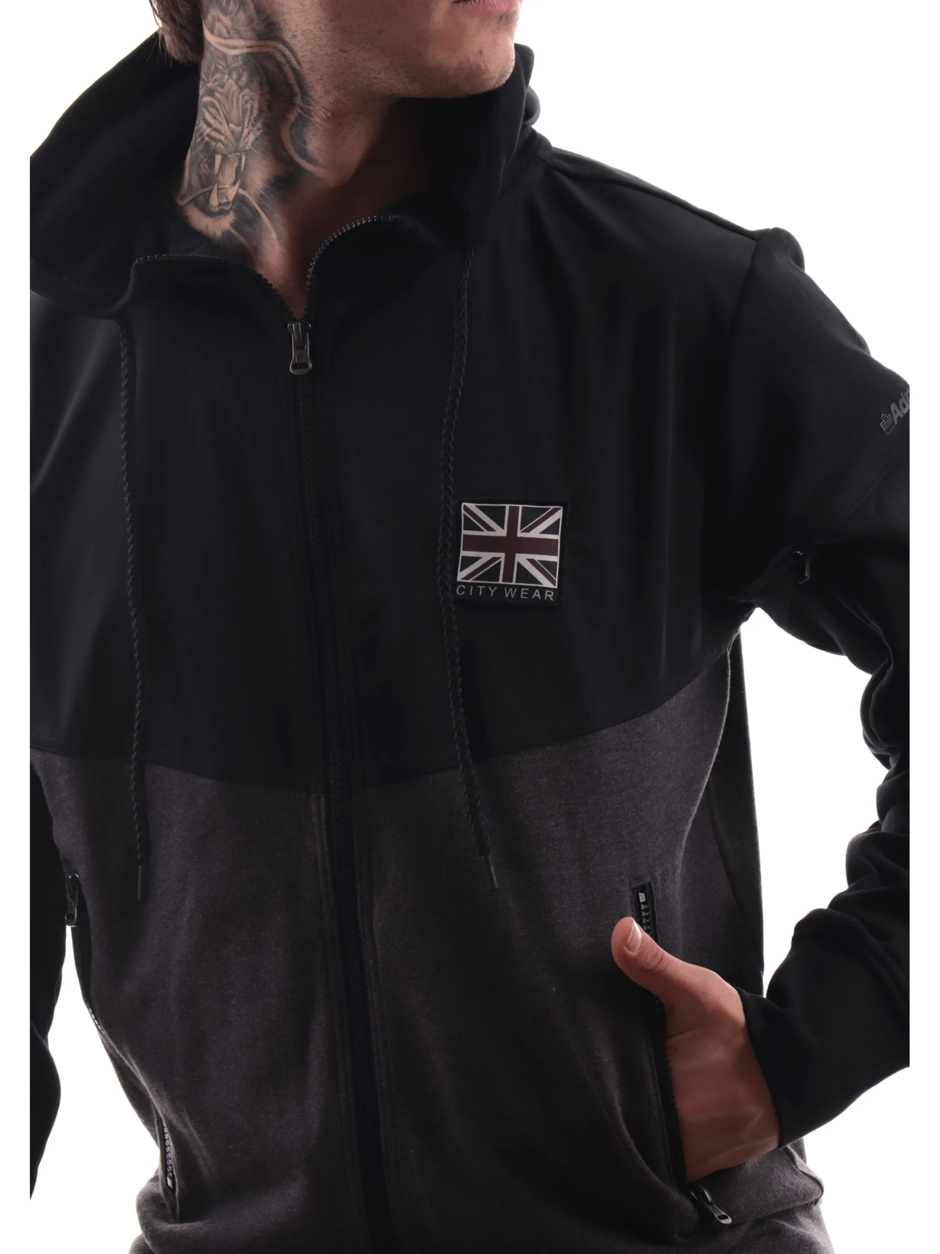 ADMIRAL Felpe*Felpa tecnica nera e grigia da uomo full zip con cappuccio AD3091