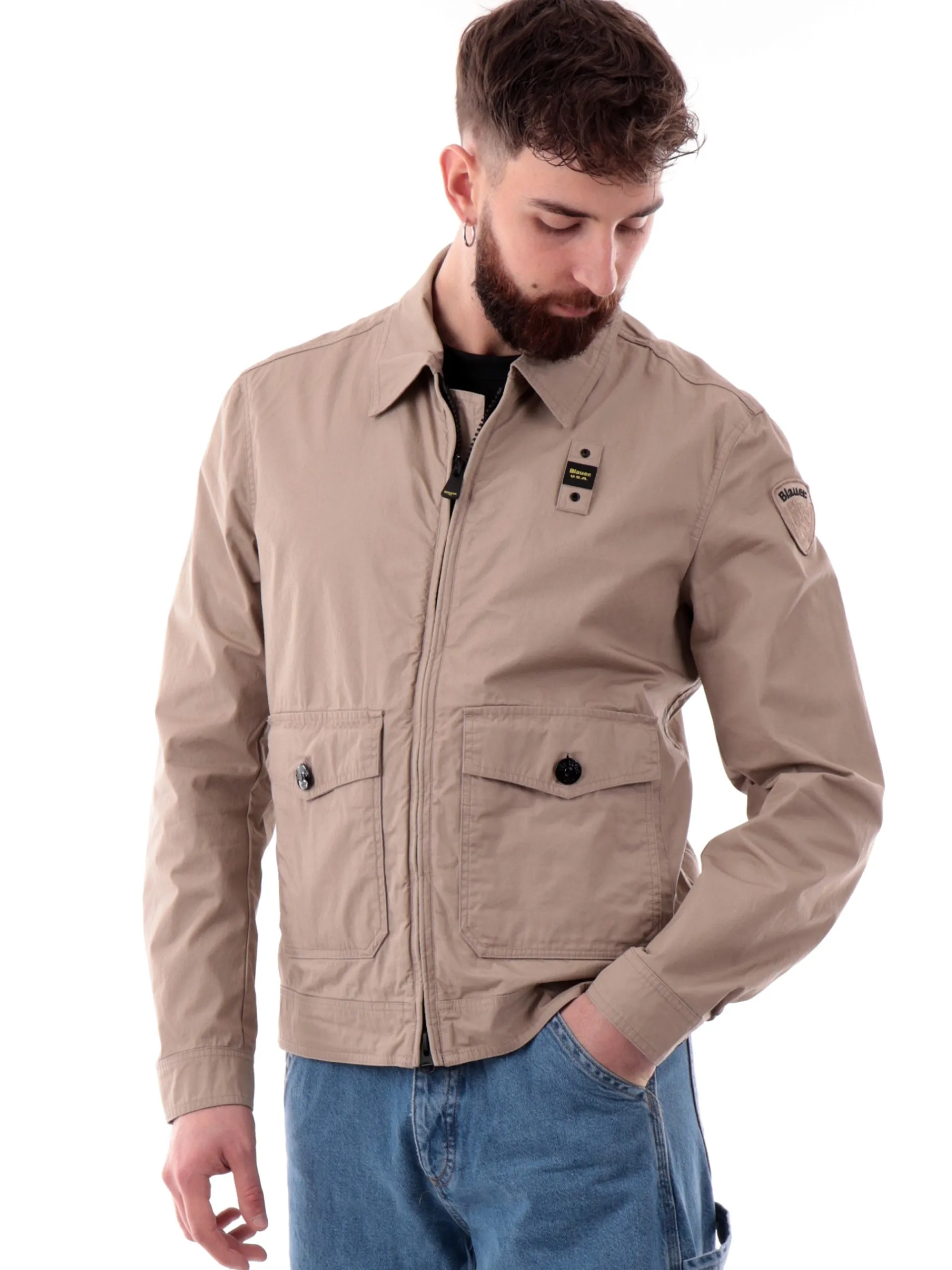BLAUER Giubbini*Giacca beige da uomo con tasconi e colletto alla francese C04176006854