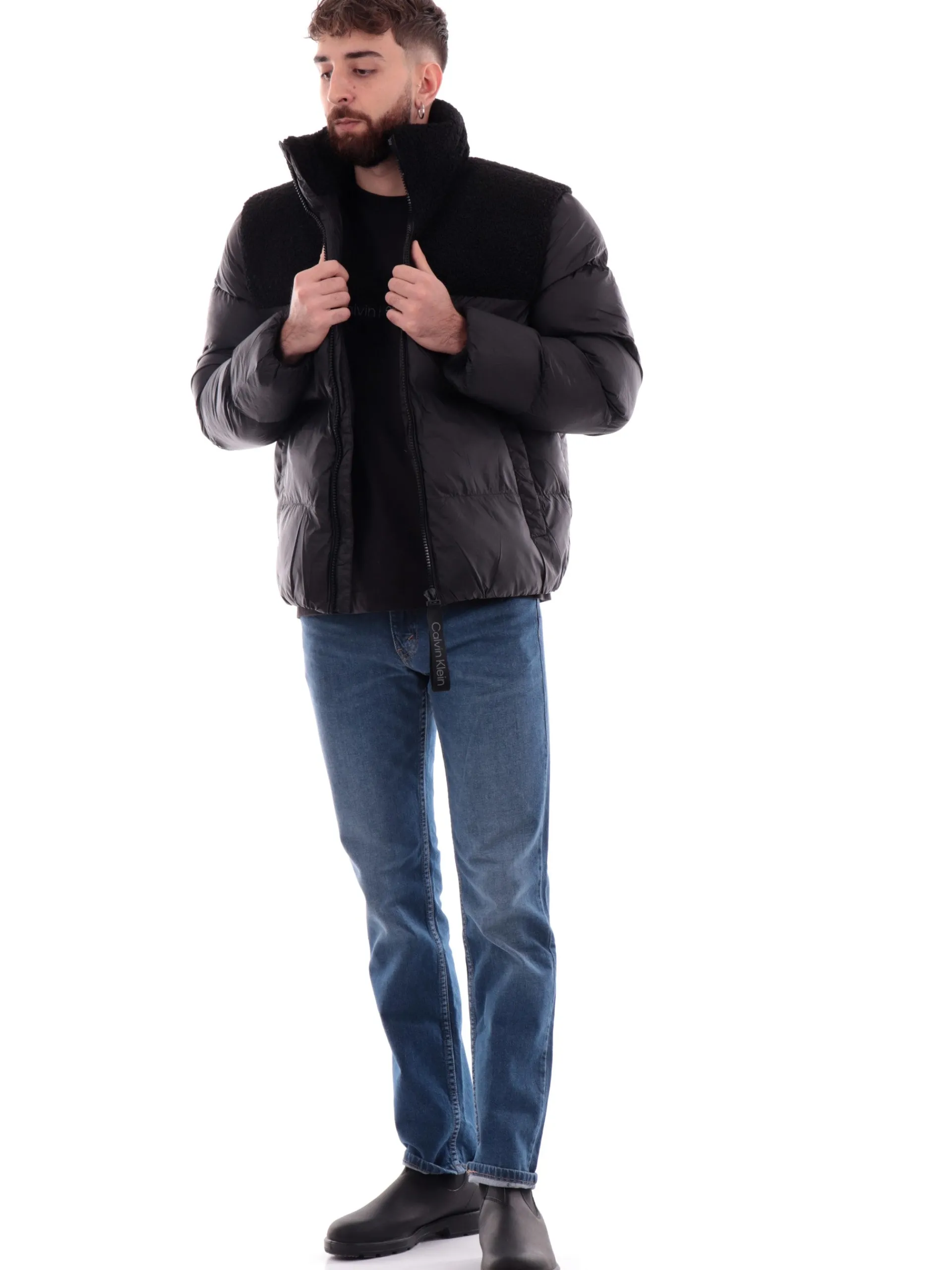 CALVIN KLEIN Giubbini*Giacca montone nera da uomo Sherpa Puffer J30J326091