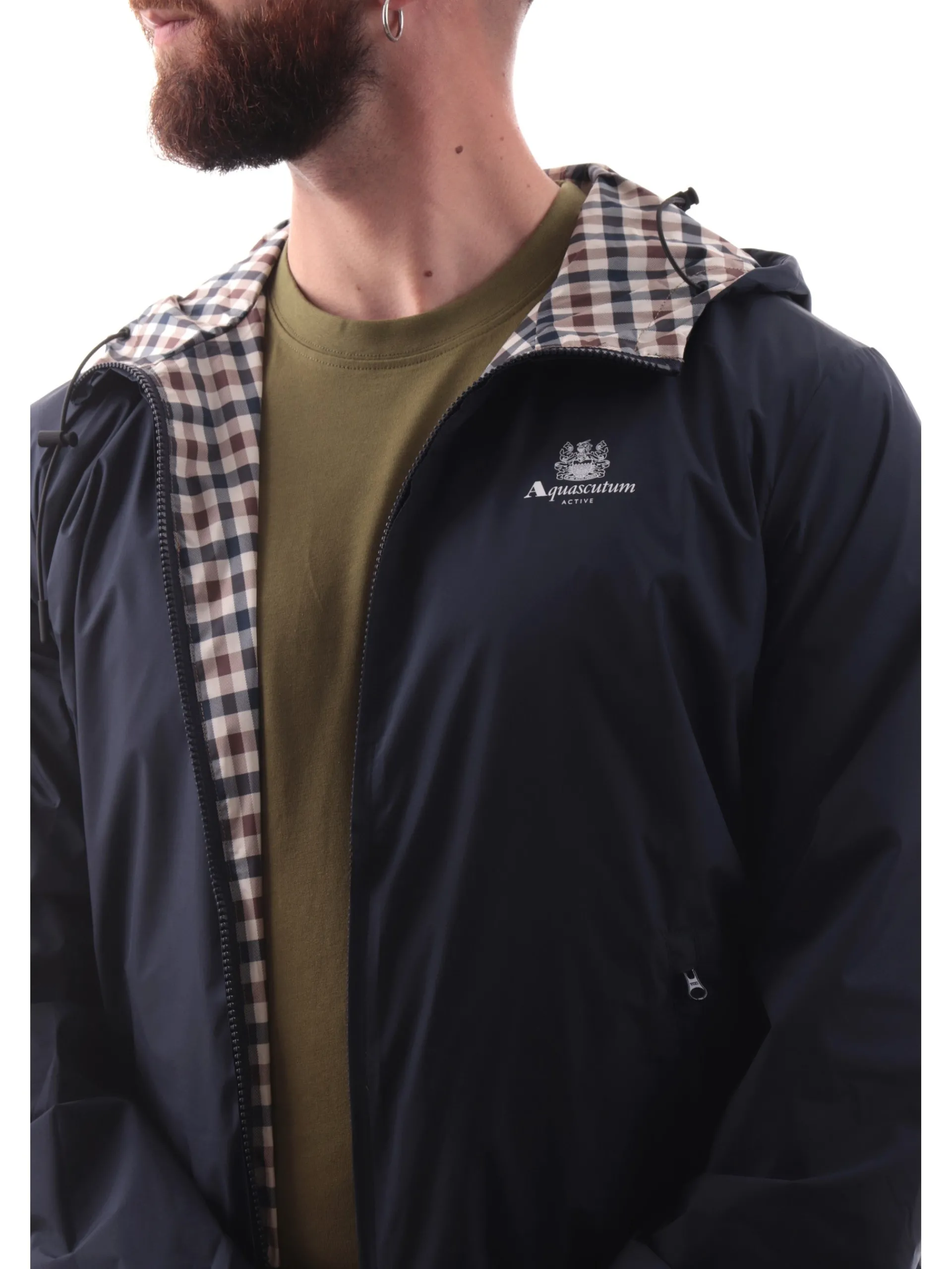 AQUASCUTUM Giubbini*Giacca reversibile blu a quadri da uomo Hooded Sailor AAICONJK001