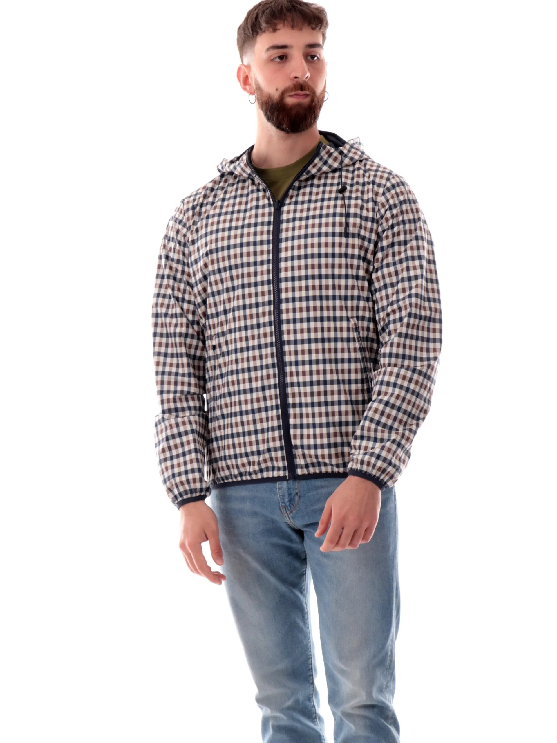 AQUASCUTUM Giubbini*Giacca reversibile blu a quadri da uomo Hooded Sailor AAICONJK001