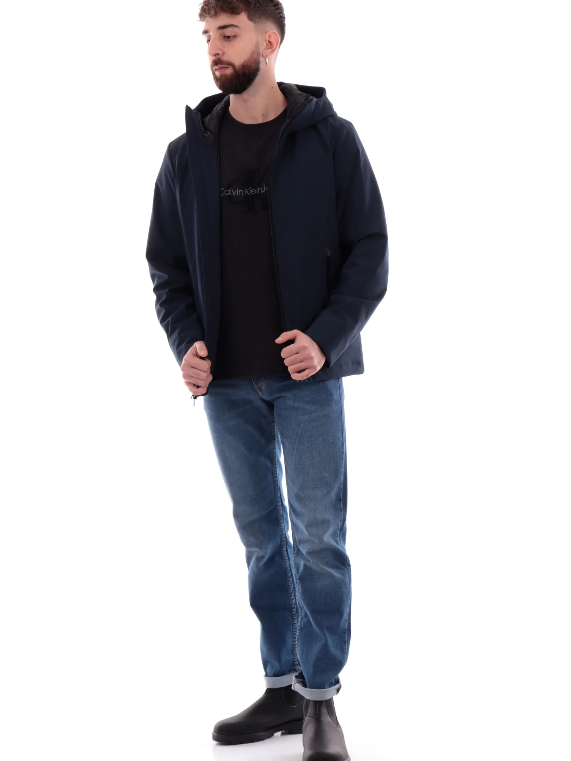 WOOLRICH Giubbini*Giacca blu Pacific Softshell da uomo con cappuccio logato 1047MRUT3496