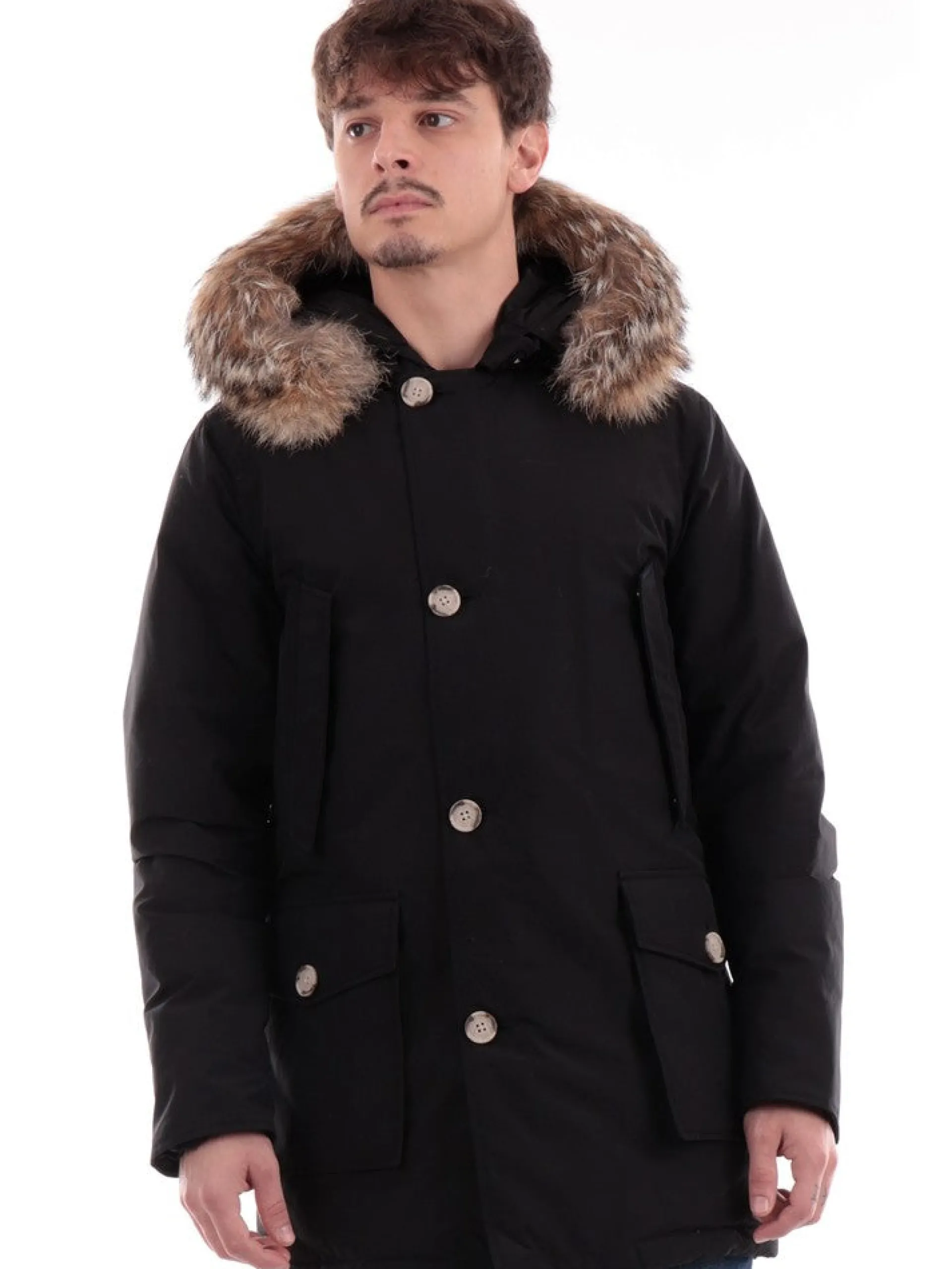 WOOLRICH Giubbotti*Giacca nera da Uomo Arctic Parka con Cappuccio pelliccia 0482MRUT0001