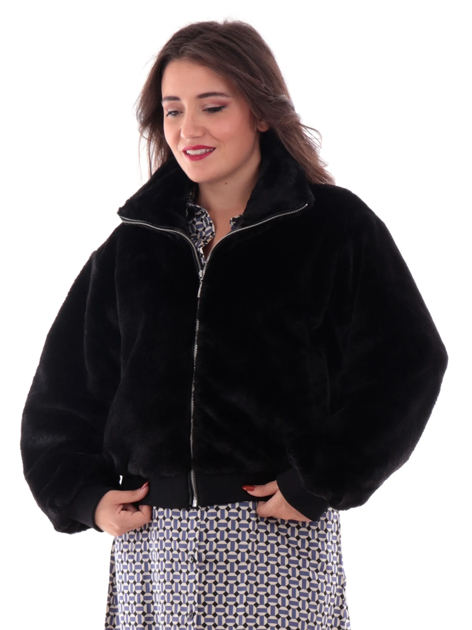 ONLY Giubbini*Giubbino pelliccia eco nero da donna full zip 15327330