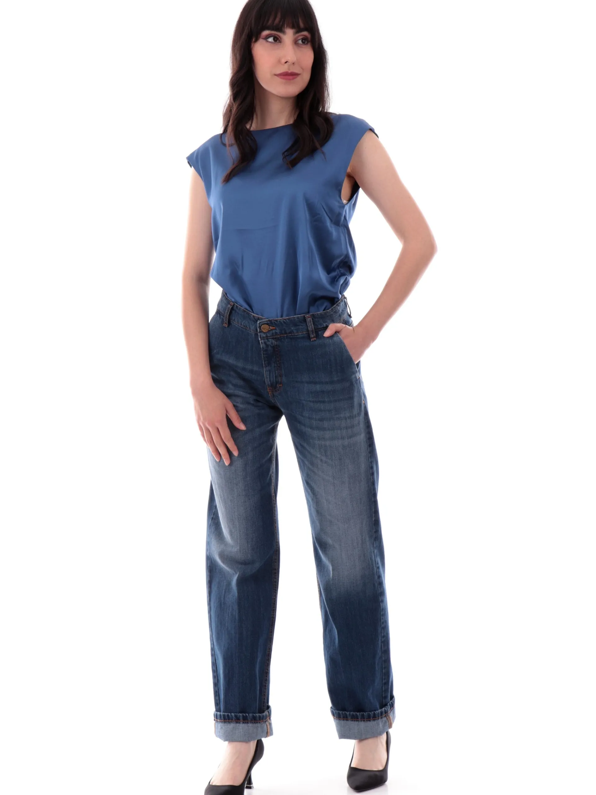 MANILA GRACE Pantaloni*Jeans Fit Straight blu scuri da donna J307CUMZ