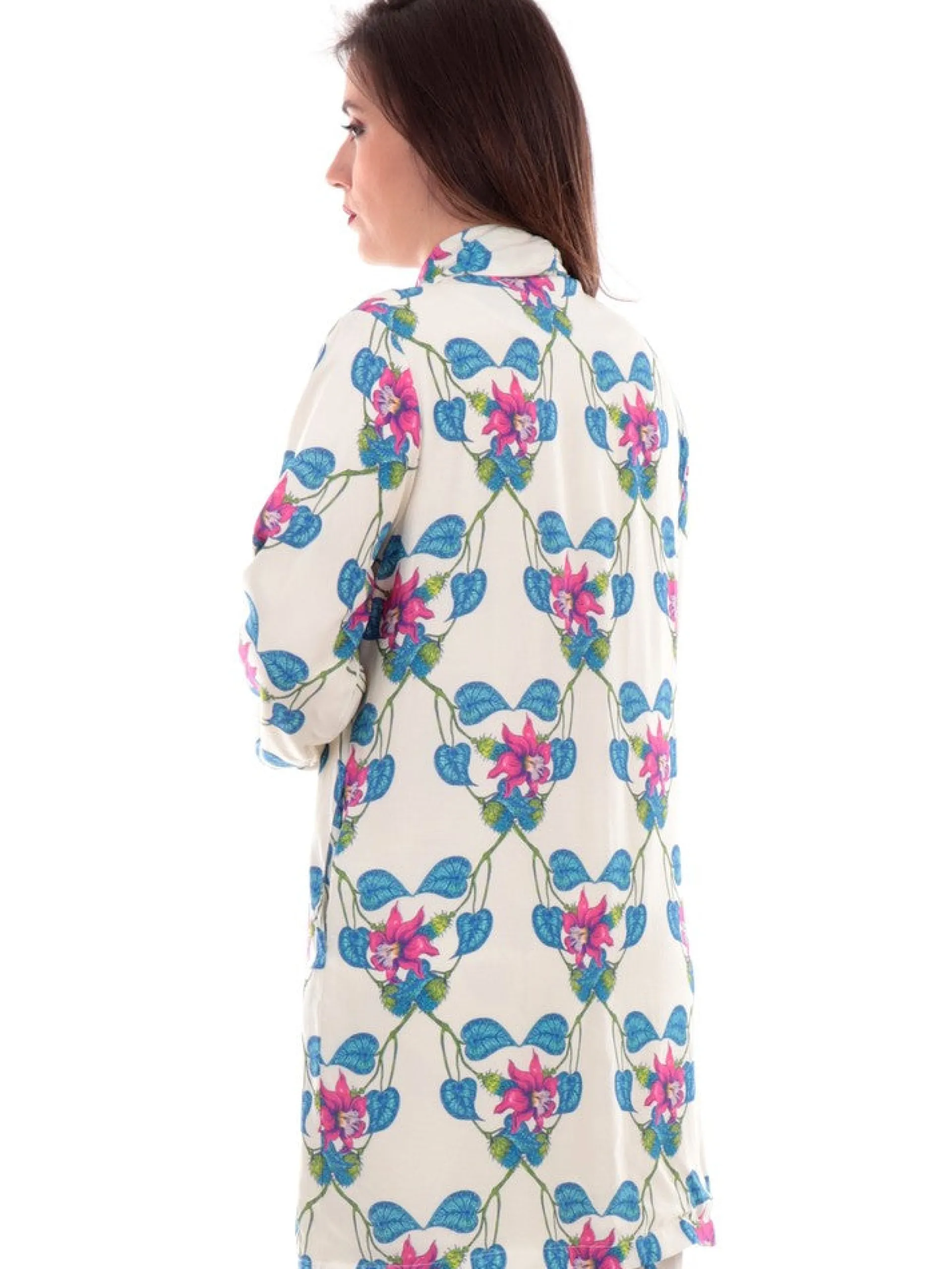 WUSIDE Maglie*Kimono Bianco Donna a fiori Fucsia Spolverino 237981